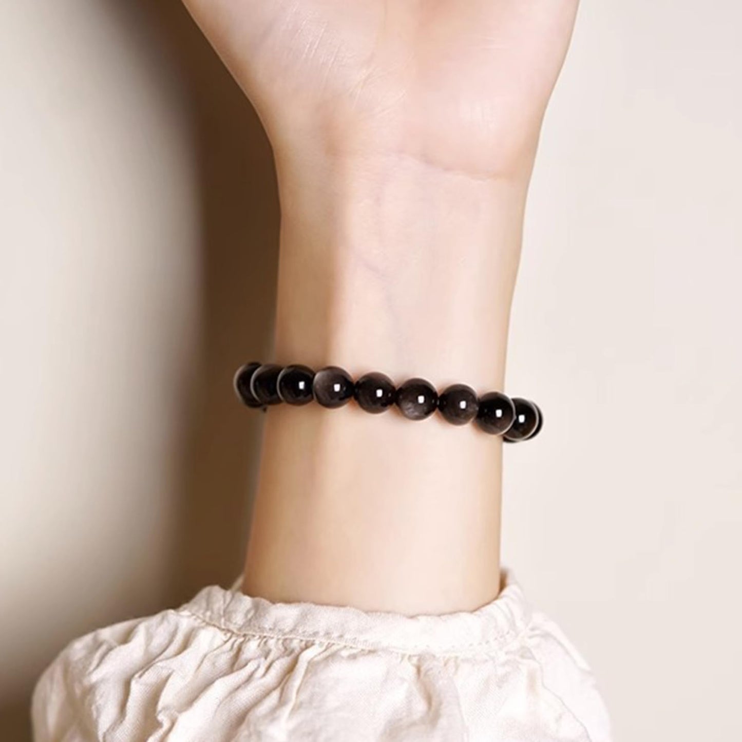 Cryhand Female 8mm Beaded Bracelets For Women Simulated Slivery Black Obsidian Bracelet for Men Handmade Lucky Money Stretchy Crystal Bracelets Best Gifts