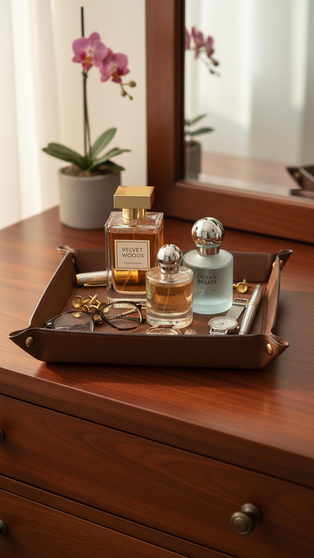 VLANDO Valet Tray for Men Women, Nightstand Organizer Vanity Catchall Holder for Dresser Desk Storage Bedside, Travel PU Leather Jewelry Key Bowl Coin Watches and Candy Entryway Tray - Large, Brown