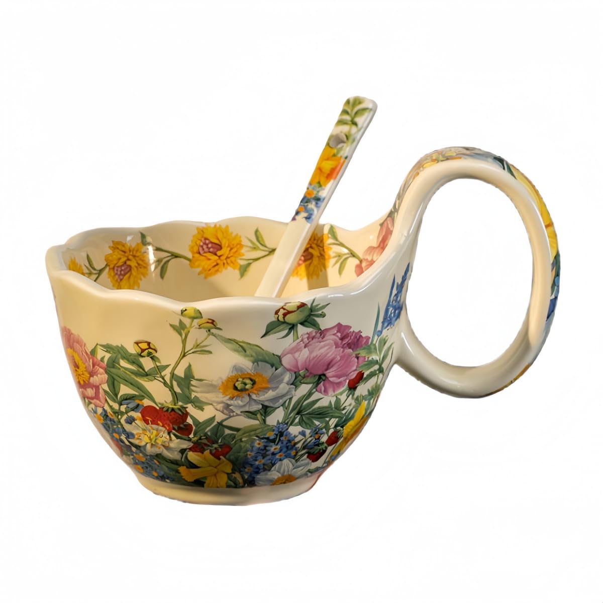 Windefun 16.91oz/500ml Handpainted Soup Bowl with Handle,Ceramic Cereal Bowl Microwave &Dishwasher Safe,Loop Handle Bowl Great for Soup,Yogurt,Snack,Chip,Stew,Ice Cream,Coffee (Peony)