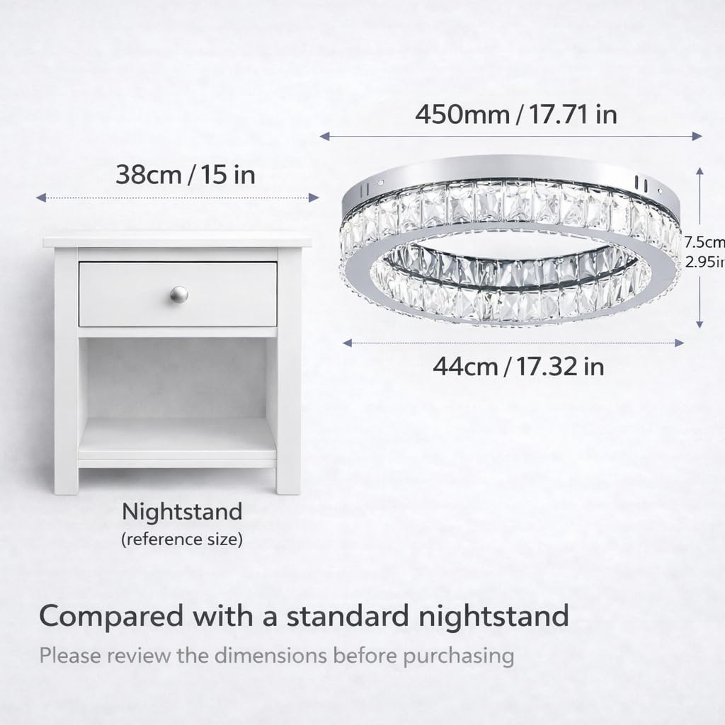 Finktonglan Crystal LED Flush Mount Ceiling Light, 17.7" Modern Round Crystal Ceiling Light, 48W 6000K Cool White, K9 Crystal & Stainless Steel, Low Profile, Non-Dimmable (No Remote)