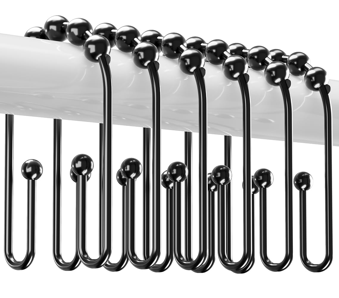 Resze U Shaped Shower Curtain Hooks Rings,12 Pcs Durable Rust Resistant Metal Shower Hooks, Double Glide Smoothly Anti-Drop Shower Rings for Shower Curtain Rod,Black
