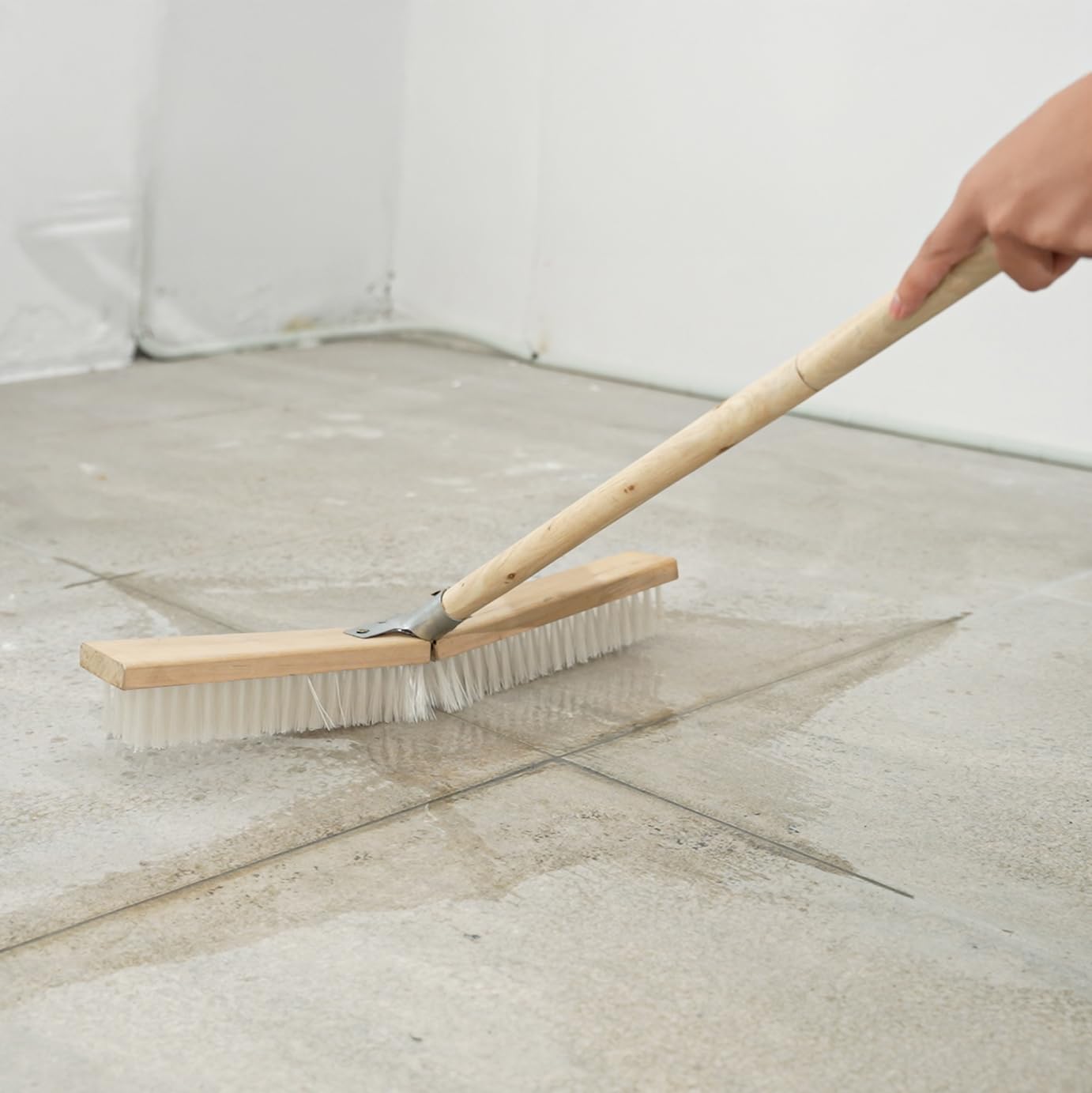 BMart Home 17.71” Heavy Duty Push Broom Outdoor, Stiff Plastic Bristles 4-Layer, 32.28” Wooden Handle, Industrial Broom for Garage Floor, Warehouse, Patio, Concrete, Deck & Sidewalk Cleaning