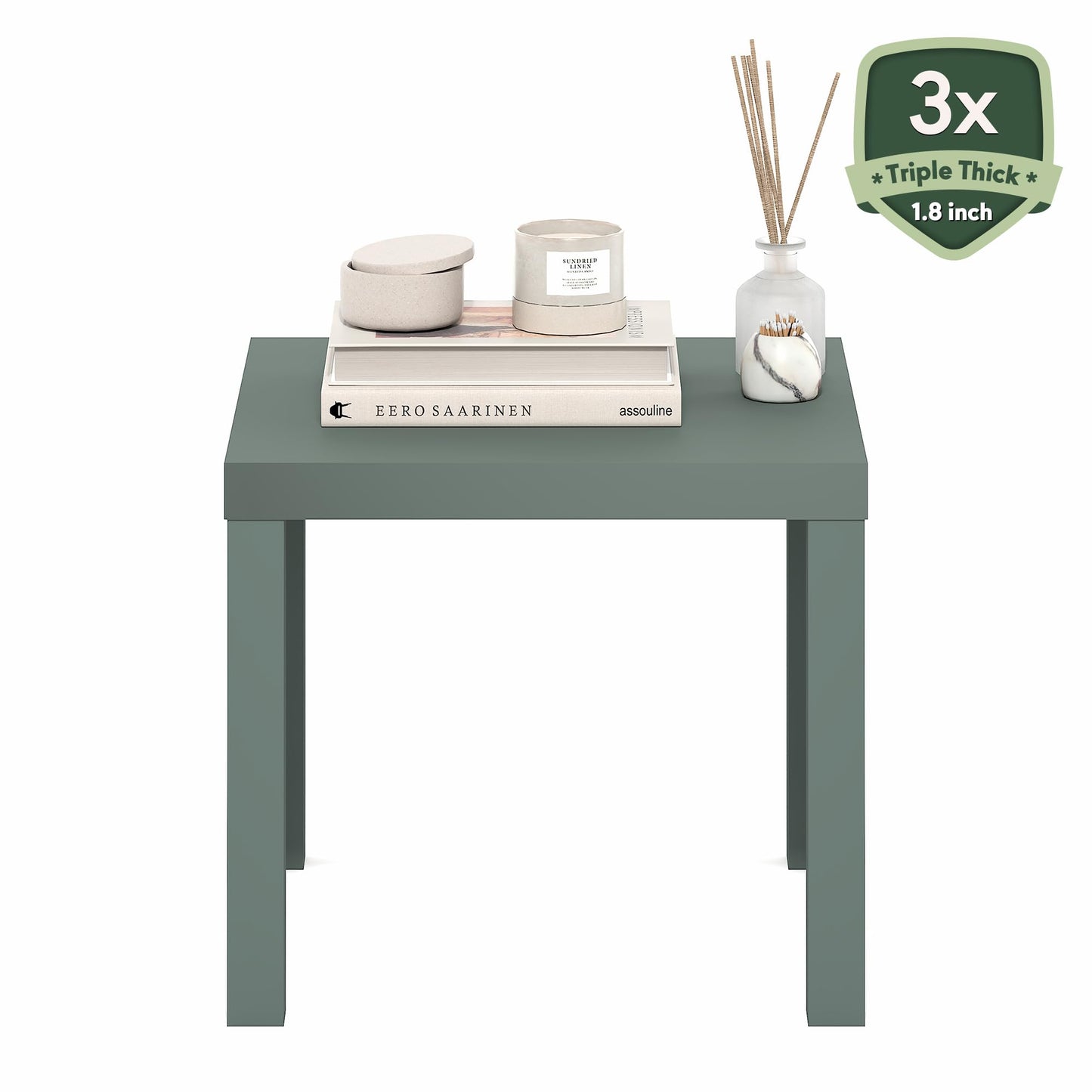 Furinno Classic Side Table, Square Modern End Table with 1.8" Triple Thick Tabletop, Simple Night Stand, Bedside Table, Toolless Assembly, for Living Room, Bedroom, Sage Green