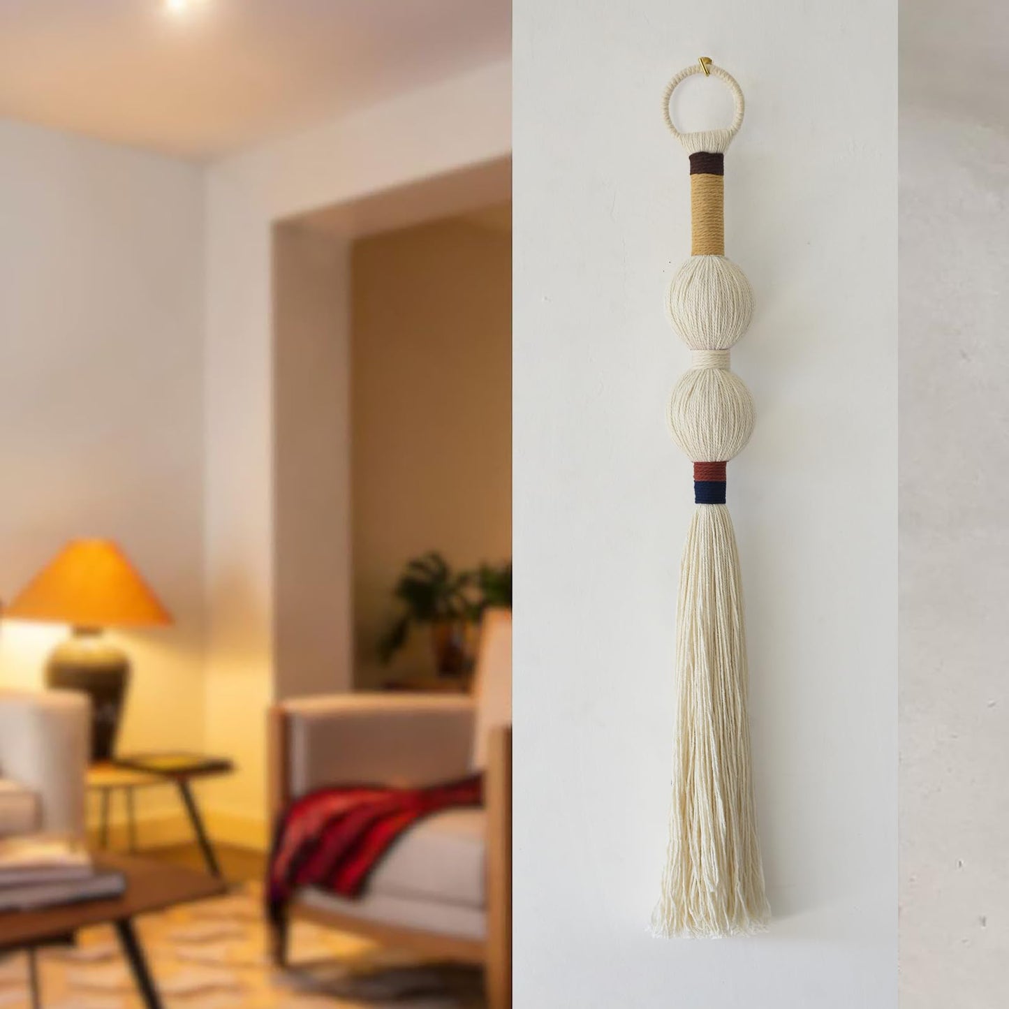 IOWER Macrame Wall Hanging Boho Decor Yarn Wall Art Small Sphericity Cotton Textile Tassel Hanging Fiber Art for Living Room Bedroom 27'' L x 2.3'' W