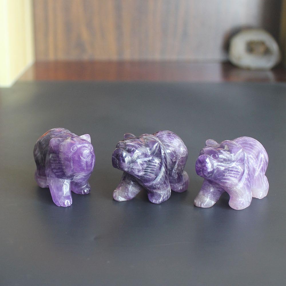 HLbshi Hand Carved Gemstone Crystal Bear Figurine Animal Statue Carving Office Home Decor Collections 2'' (Purple Amethyst)