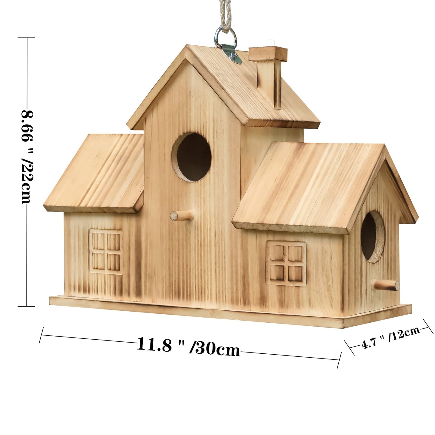 STARSWR Bird Houses for Outside,Outdoor 3 Hole Bird House Room for 3 Bird Families Bluebird Finch Cardinals Wooden Hanging Birdhouse for Garden