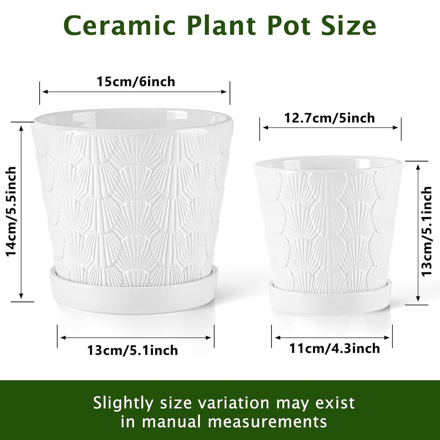 COLOAPT Ceramic Planter,5+6 Inch Ceramic Flower Pots with Drainage Hole&Tray,Embossed Seashell Design Plant pots,Planters for Indoor Plants Succulent Cactus,Flower Pot Home Decor-Set of 2,White