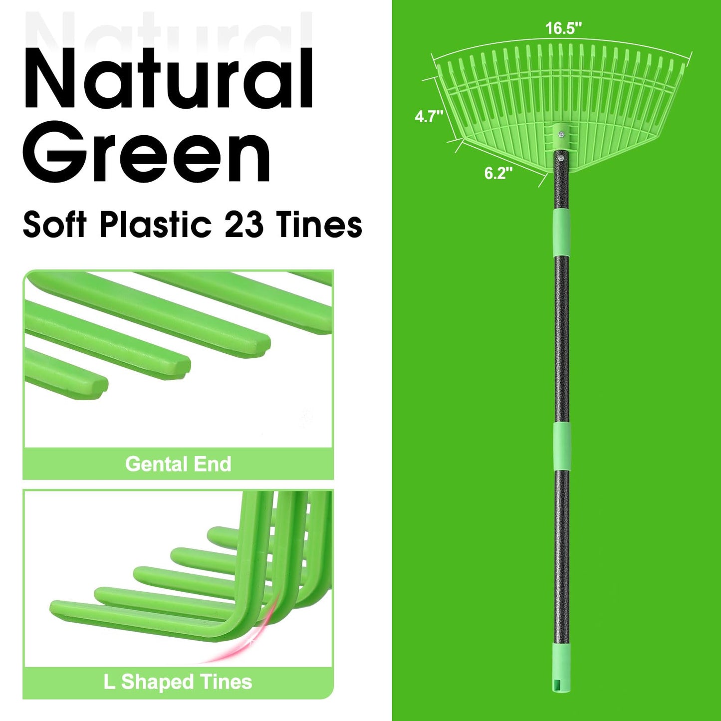 Garden Leaf Rake,16.5” Plastic Leaf Rake for Lawn,Unbreakable Nylon Head, No Harm to Lawn Grass,Yard Raking Tools for Turf Leaves Thatch Debris Pine Needle Cleanup, Lightweight for Kids Seniors