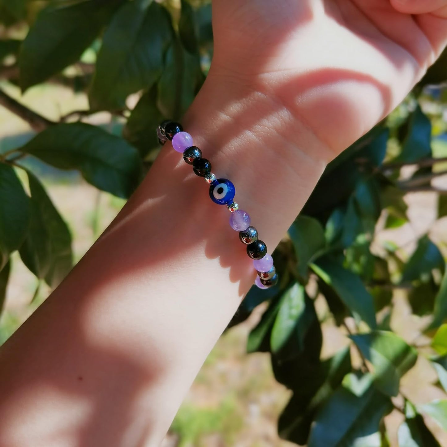 DLYFNVEV Empath Protection Bracelet Amethyst Black Tourmaline Hematite Triple Healing Anxiety Relief Crystal For Women Evil Eye Beaded Natural Stone Jewelry Gifts