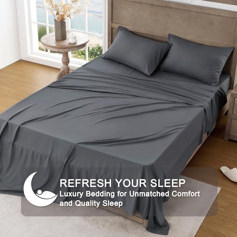 FreshCulture Queen Sheet Set - Ultra Soft Sheets for Queen Size Bed - Brushed Microfiber - Deep Pockets - Easy Care - Cooling & Breathable - 4 Pieces Hotel Luxury Queen Bed Sheets (Dark Grey)