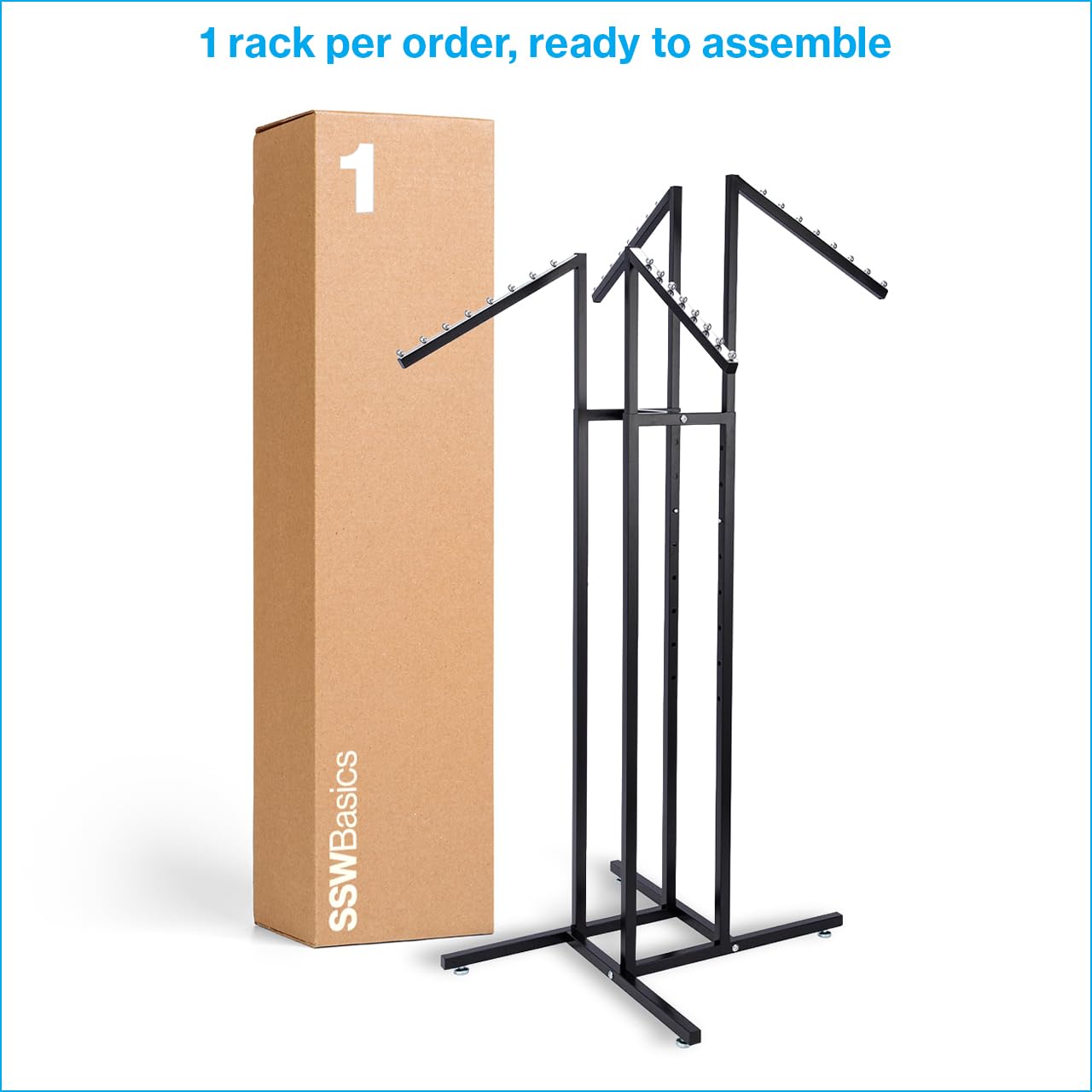 SSWBasics Black 4 Way Adjustable Clothing Rack with Slanted Arms - Retail Clothing Rack Display - Adjustable Height Arms from 48" to 72" Perfect for Clothing Stores