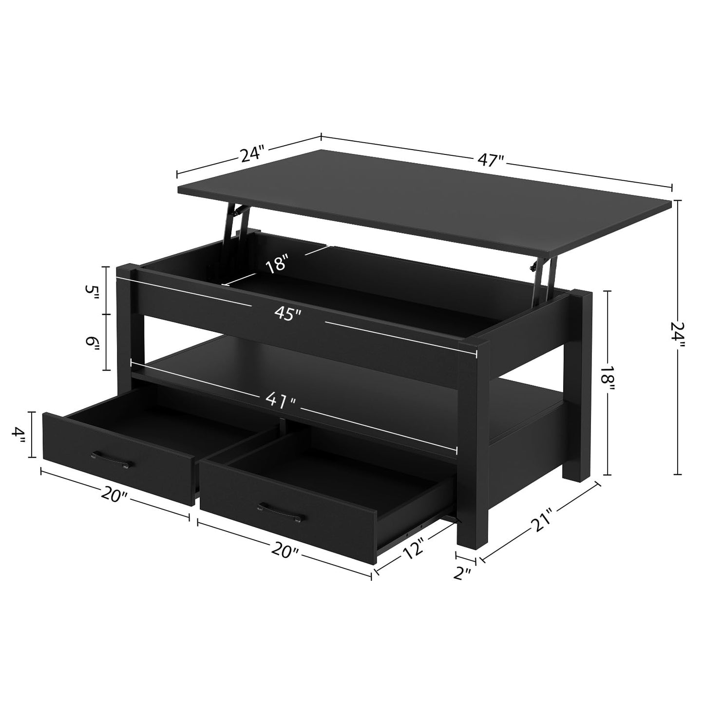 Rolanstar Coffee Table, Lift Top Coffee Table with Drawers and Hidden Compartment, Retro Central Table with Wooden Lift Tabletop, for Living Room, Black