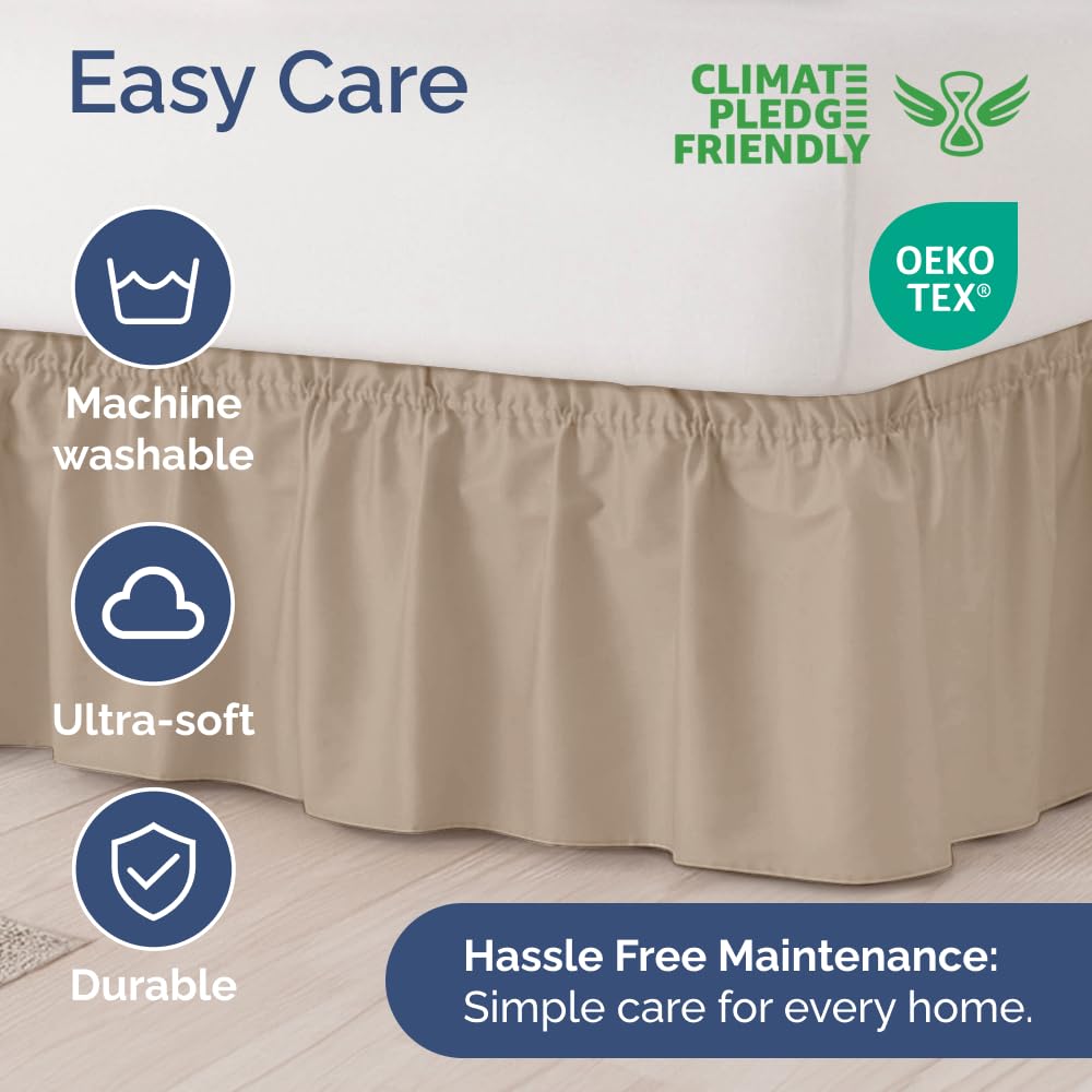 Wrap Around Dust Ruffle Bed Skirt - Cream - for Queen Size Beds with 15 in. Drop – Easy Fit Elastic Strap - Pleated Bedskirt with Brushed Fabric - Wrinkle Free, Machine Wash - by CGK Linens
