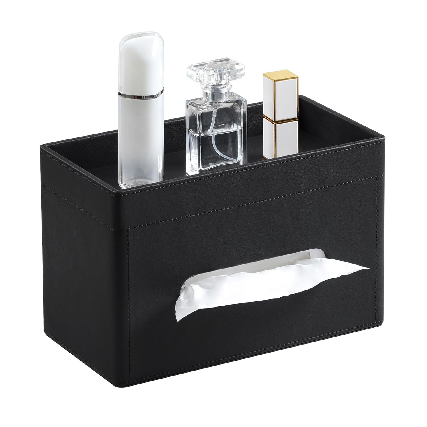 MEIBOOCH Plus Size Tissue Box Cover Rectangle, PU Leather Tissue Box Holder with Storage Tray, Decorative Organizer Tissue Holder for Bathroom, Bedroom Dresser, Night Stand, Office (Black)