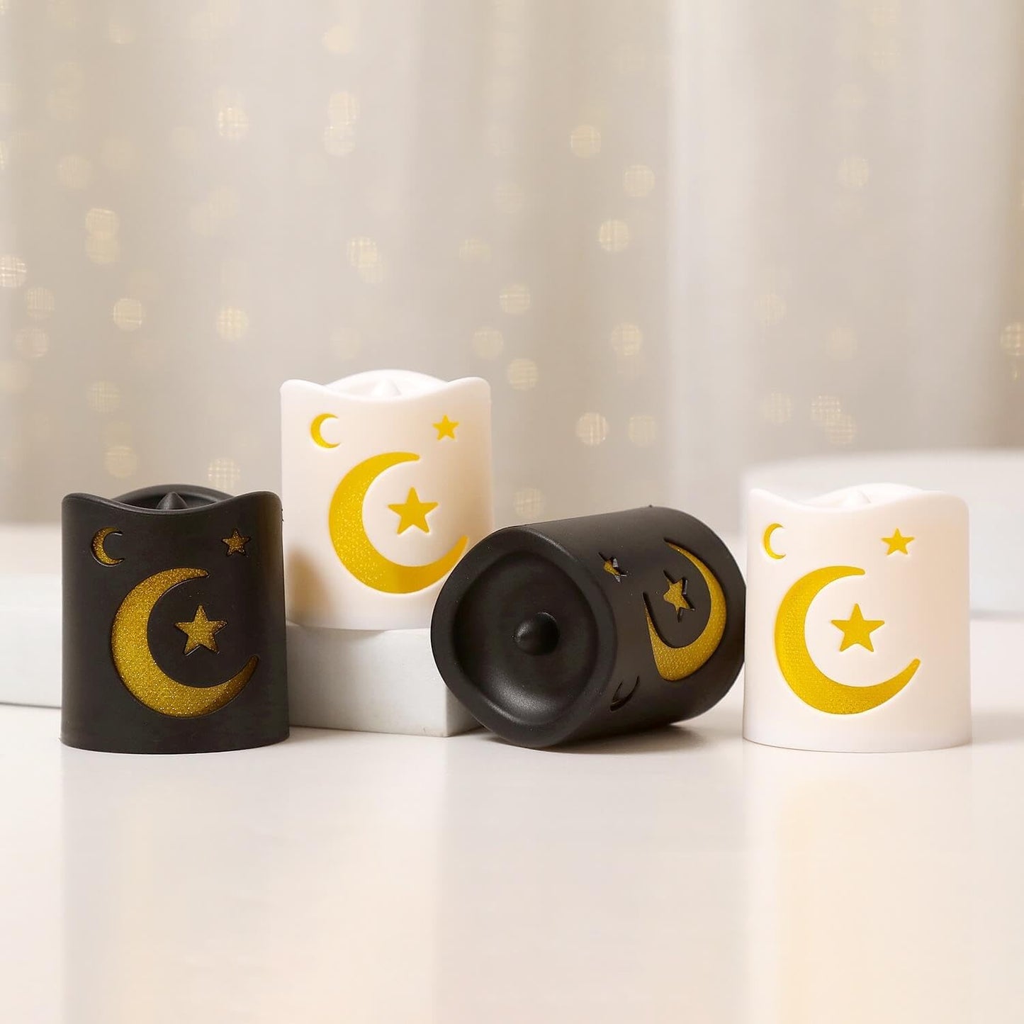NUVCELKA Ramadan Lantern, 4 Pack LED Mini Moon Star Pattern for Home Table Fireplace Indoor Eid Mubarak Decor
