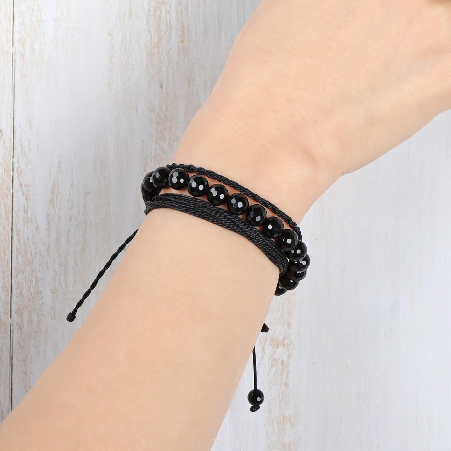 QOGIR Handmade Healing Bracelets,8mm Natural Faceted Black Onyx Gem Stone Beads Bracelet for Men Women Gifts with 2PCS Size Adjustable Rope Bracelets