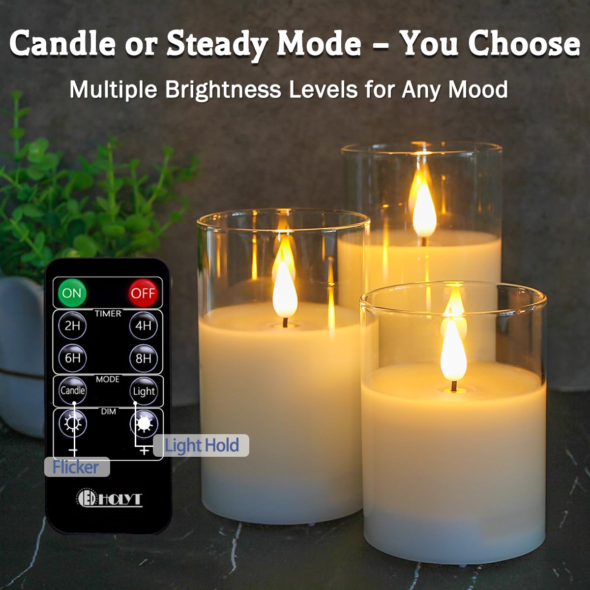 LEDHOLYT Rechargeable Flameless Glass Pillar Candles–Mothers Day Gifts,–Set of 3, Realistic Flickering LED Light,Remote & Timer, Ideal for Living Room, Bedroom & Birthday Gifts for Mom