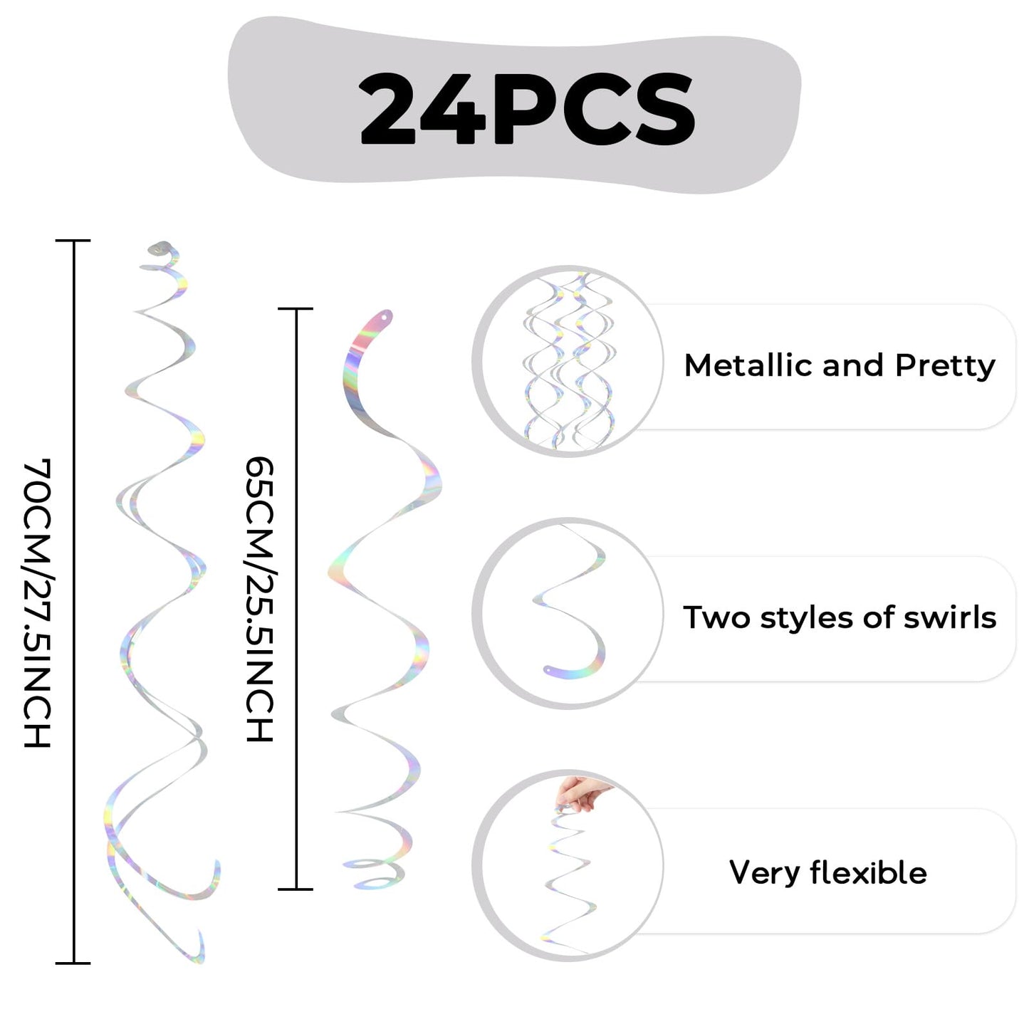 24 PCS Iridescent Hanging Swirl, Shinny Holographic Ceiling Decorations, Plastic Streamer Party Decorations with Double-Swirls and Single-Swirls for Birthday Decorations,Mermaid,Wedding, Baby Shower