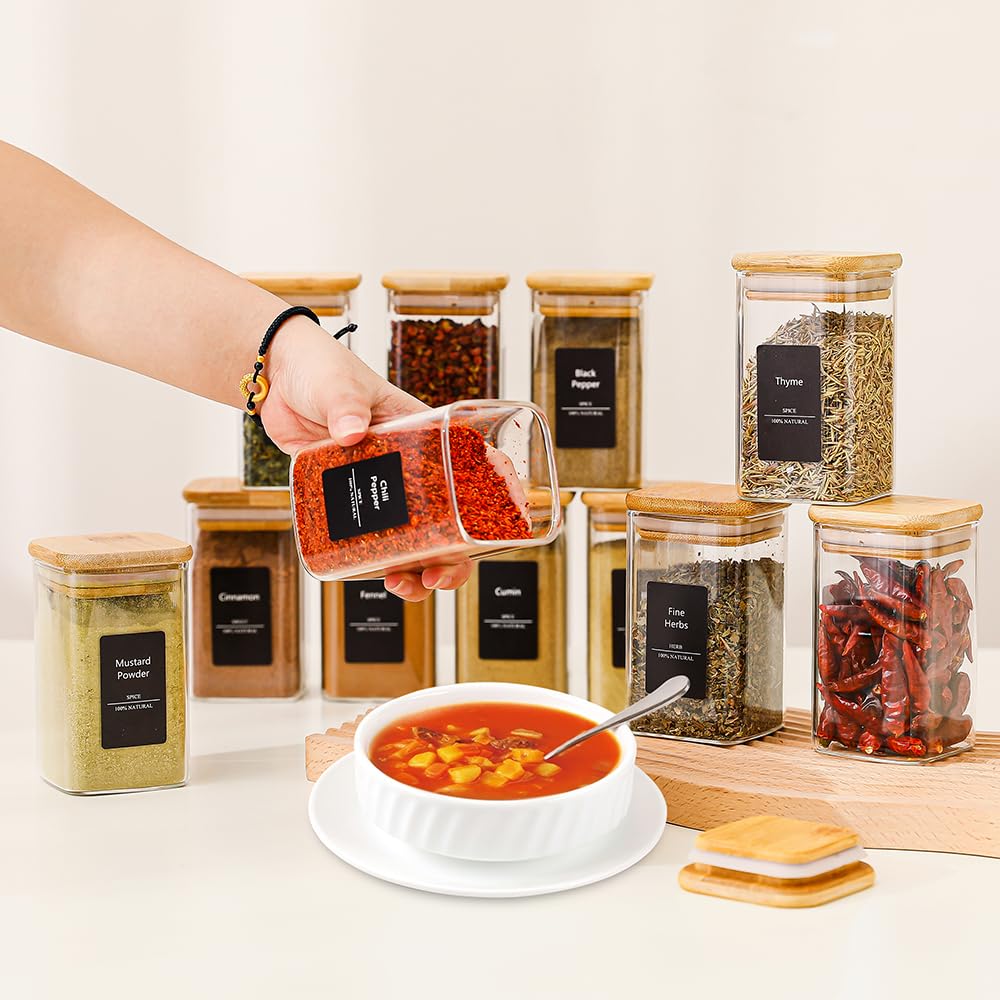 Homtop 16Pcs 9oz Spice Jars Glass Container with 275 Labels, Airtight Seasoning Empty Organizer with Bamboo Lid Set for Pepper, Salt, Sugar