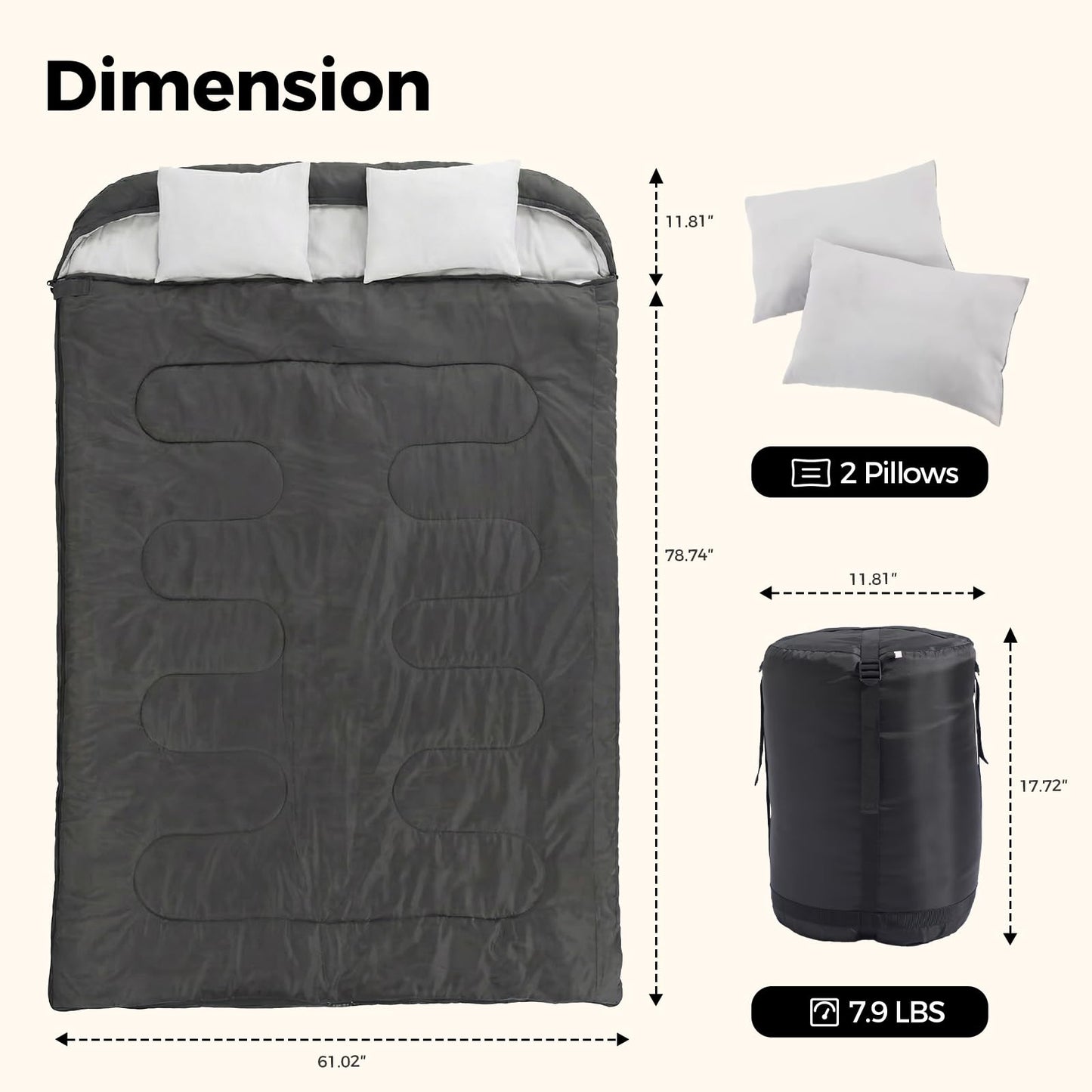 OLIXIS Double Sleeping Bag for Adults with Pillow, Lightweight Portable Large Sleeping Bag for 2 Person, Cold Weather & Warm Sleep Bag for 3 Seasons Backpacking, Camping, Hiking, Outdoor Adventure