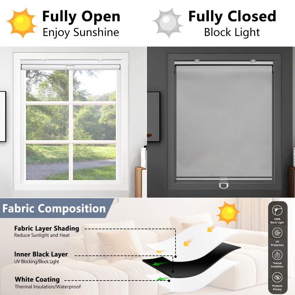 SHADEMOON Cordless Blackout Window Roller Shades, Pull Down Spring System Indoor Blinds, Room Darkening Waterproof UV Blocking Thermal Insulated Fabric for Home Office (White, Width 14", Height 72")