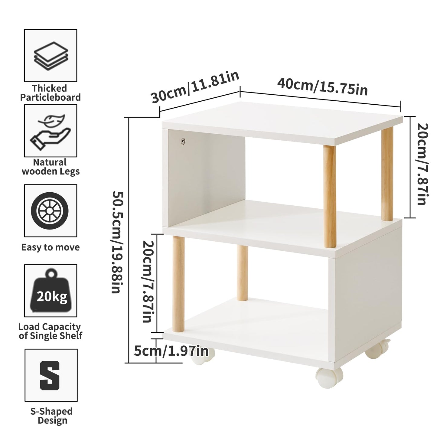 Aibiju Wooden Night Stand with Open Shelf, Nightstand with Wheels, S-Shaped Bed Side Table 3 Tier, 20 inch High End Table White YD-TM155W