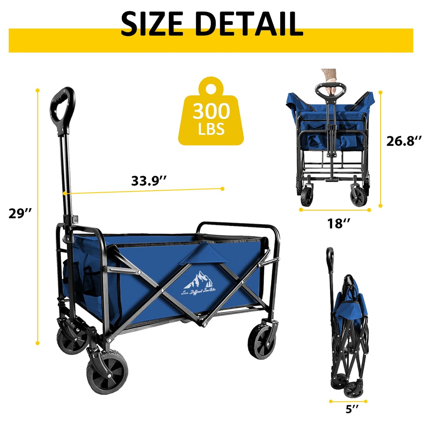 VOYSIGN Garden Cart Folding Wagon with Small Wheel, Collapsible Outdoor Wagon Cart Heavy Duty with Universal Wheels & Adjustable Handle, Utility Grocery Wagon for Camping Shopping, Sports - Navy Blue
