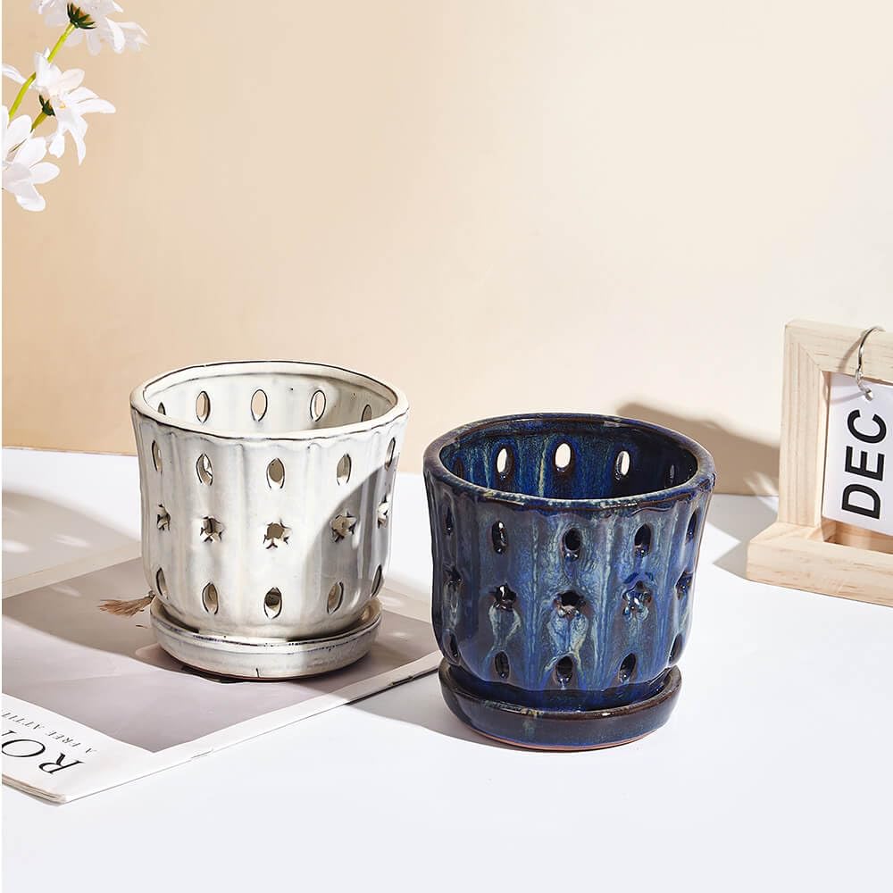 NiSevenLiving Orchid Pots with Holes Attached Saucers 5 Inches - 2 Pcs Small Ceramic Pots for Repotting, Decorative Ceramic Orchid Planter with Hole for Healthy Root Growth (White and Blue)