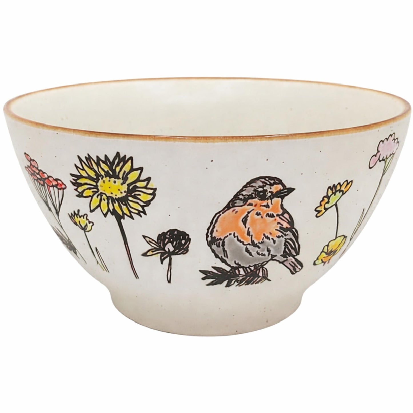 Blue Sky Clayworks Wildflower Bird Ceramic Bowl, 6" Diameter, Hand Painted Songbird and Floral Design