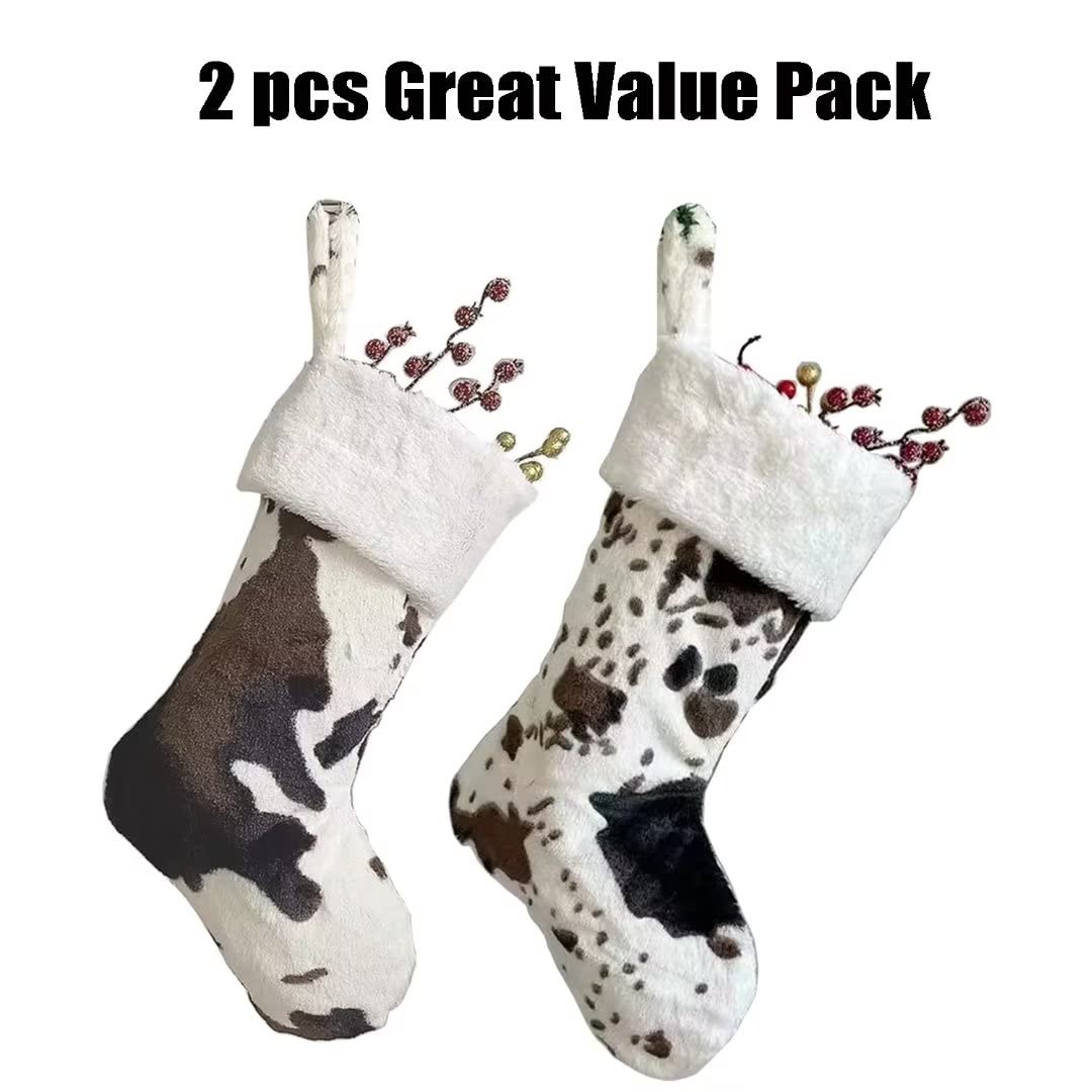 OLLULL Christmas Stockings, Cow Faux Fur Large Xmas Stockings Hanging Ornaments 2 Pack 20 Inch