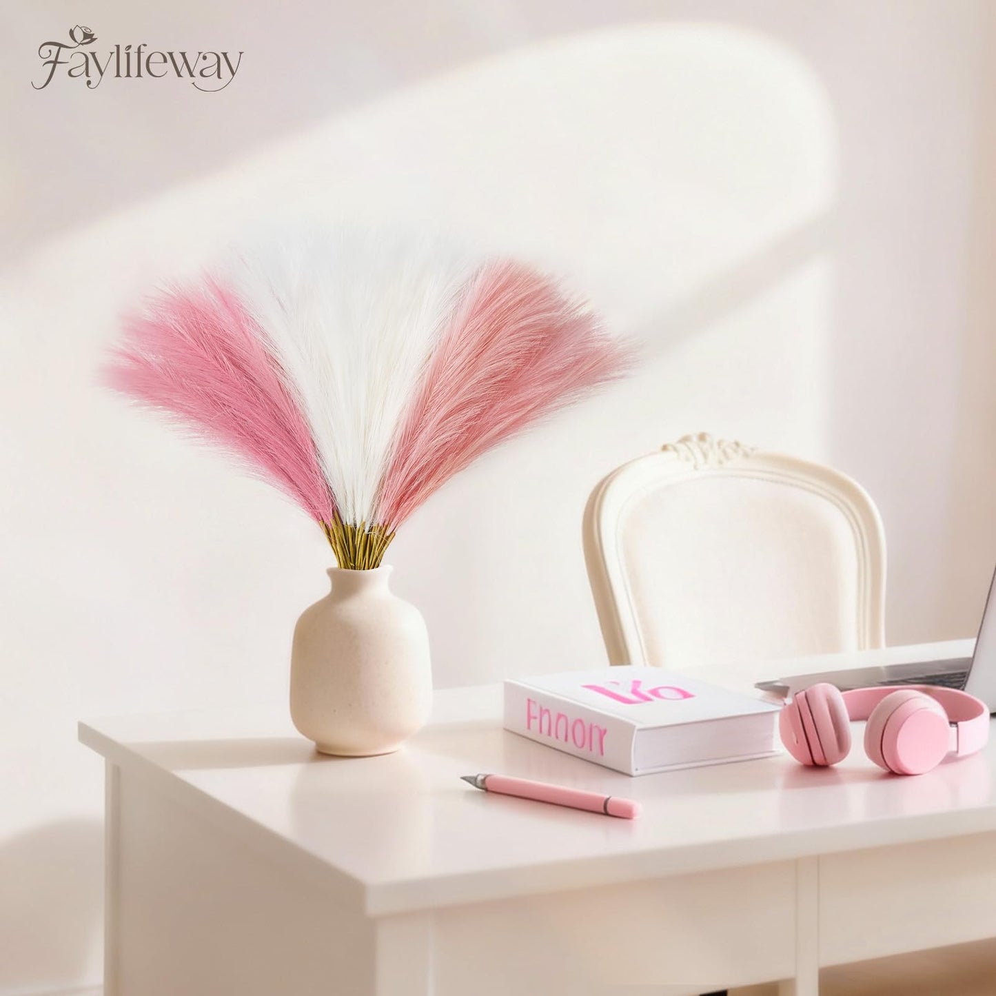 Faylifeway 50pcs Pampas Grass 17in for Living Room Decor, Blush Pink Pampas Grass Decor, Fluffy Pink Flowers for Home Birthday Bathroom Baby Shower Wall Bow Decor(Blush & Cream & Pink)