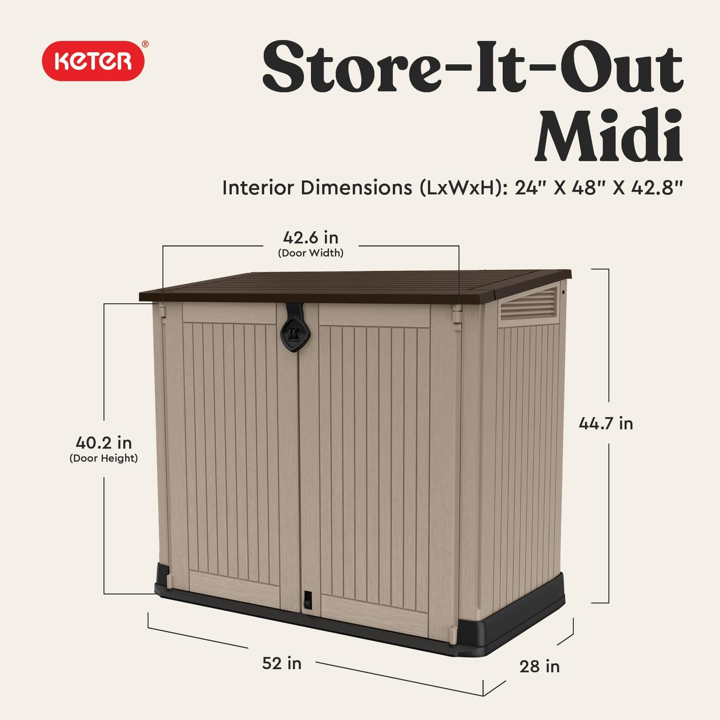 Keter Store-It-Out MIDI Outdoor Resin Storage Shed – Weather-Resistant Horizontal Cabinet for Trash Cans, Garden Tools & Patio Accessories – Lockable, Easy-Lift Lid, 30 Cu. Ft. Capacity, Beige