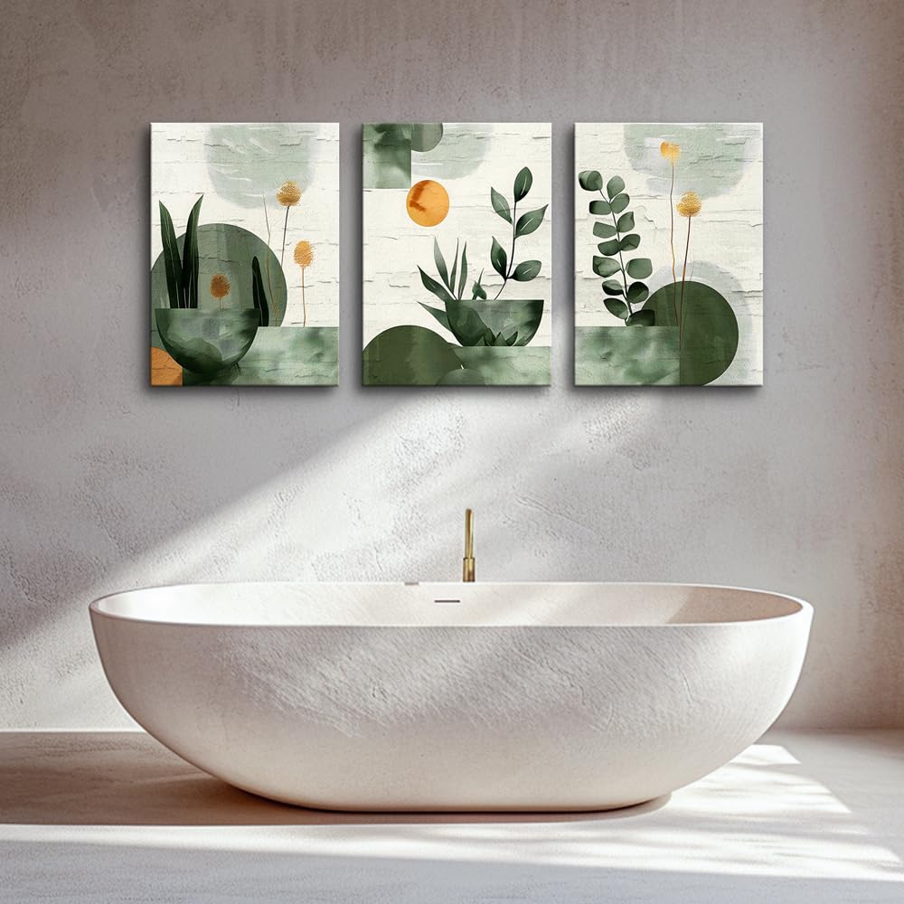 TTHYUEWS Boho Wall Art For Bedroom Canvas Wall Decor For Living Room Office Abstract Decorations Plant Wall Paintings Geometry Pictures Artwork Modern Bathroom Home Decor Ready To Hang 3 Piece