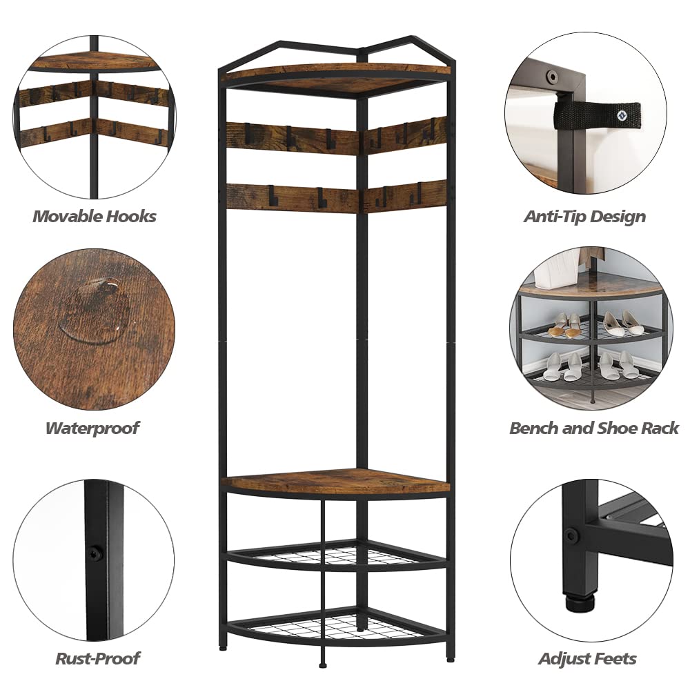 GiftGo Corner Hall Tree with Shoe Bench Entryway Coat Rack with 10 Metal Movable Hooks Floor Standing Clothes Rack Shoes Shelf Organizer for Home Office Bedroom (Rustic Brown)