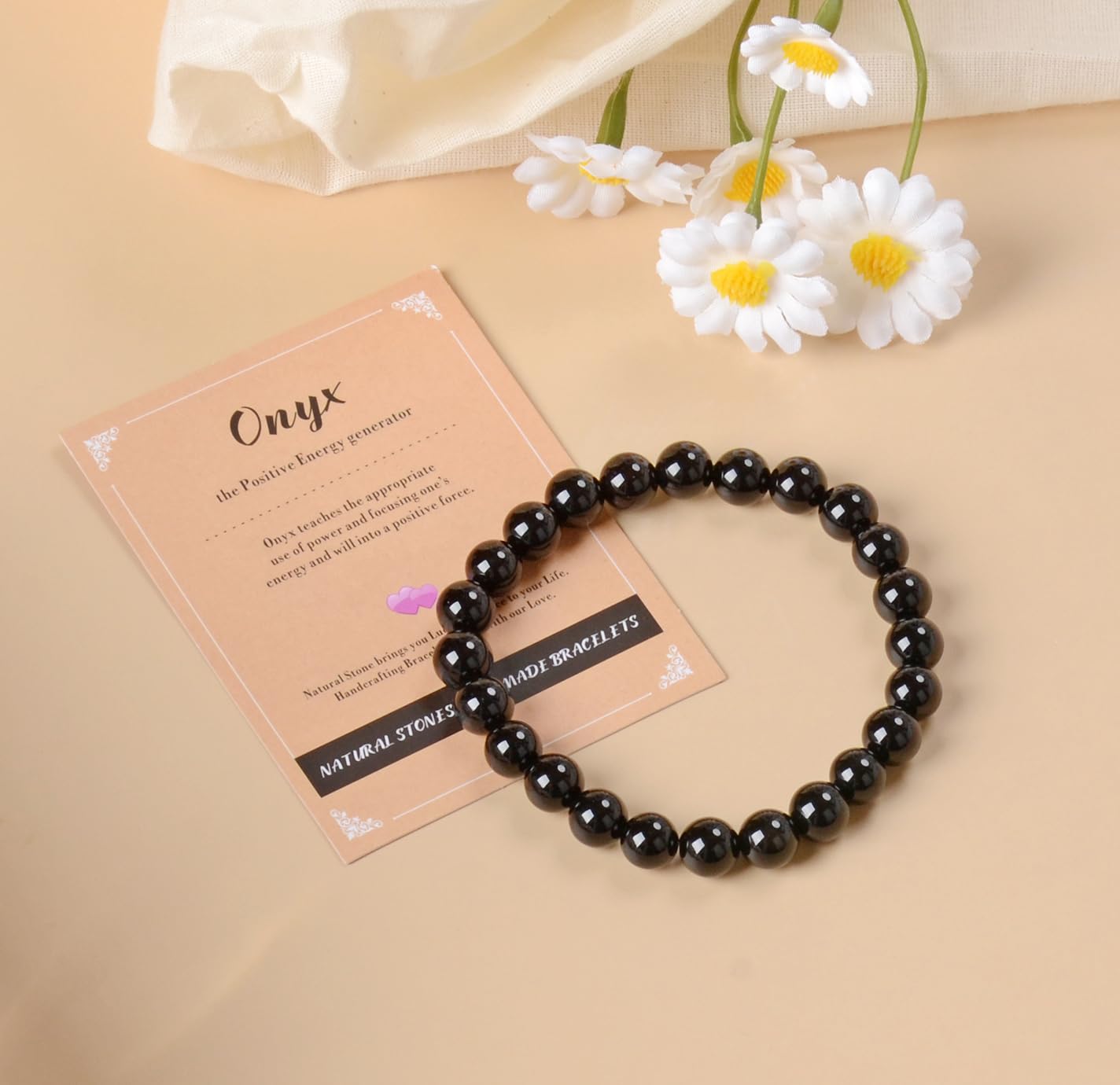 AD Beads Handmade Gemstone Stretch Elastic Bracelet Crystal Healing Reiki Nature's Beauty and Spiritual Essence Unisex (10mm, Black Onyx)