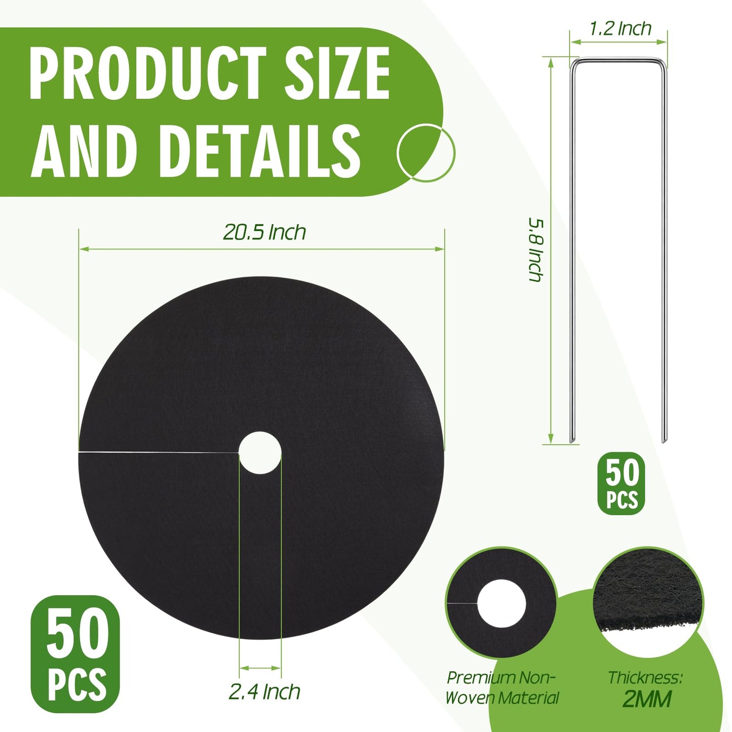 CrystalSylara 100 Pcs Non Woven Tree Mulch Ring Set with 50 Weed Barrier Mats 50 Garden Metal Stakes Thickened Black Tree Protectors Mulch Mat for Garden Plant Cover Root Fabric Protection(Large)