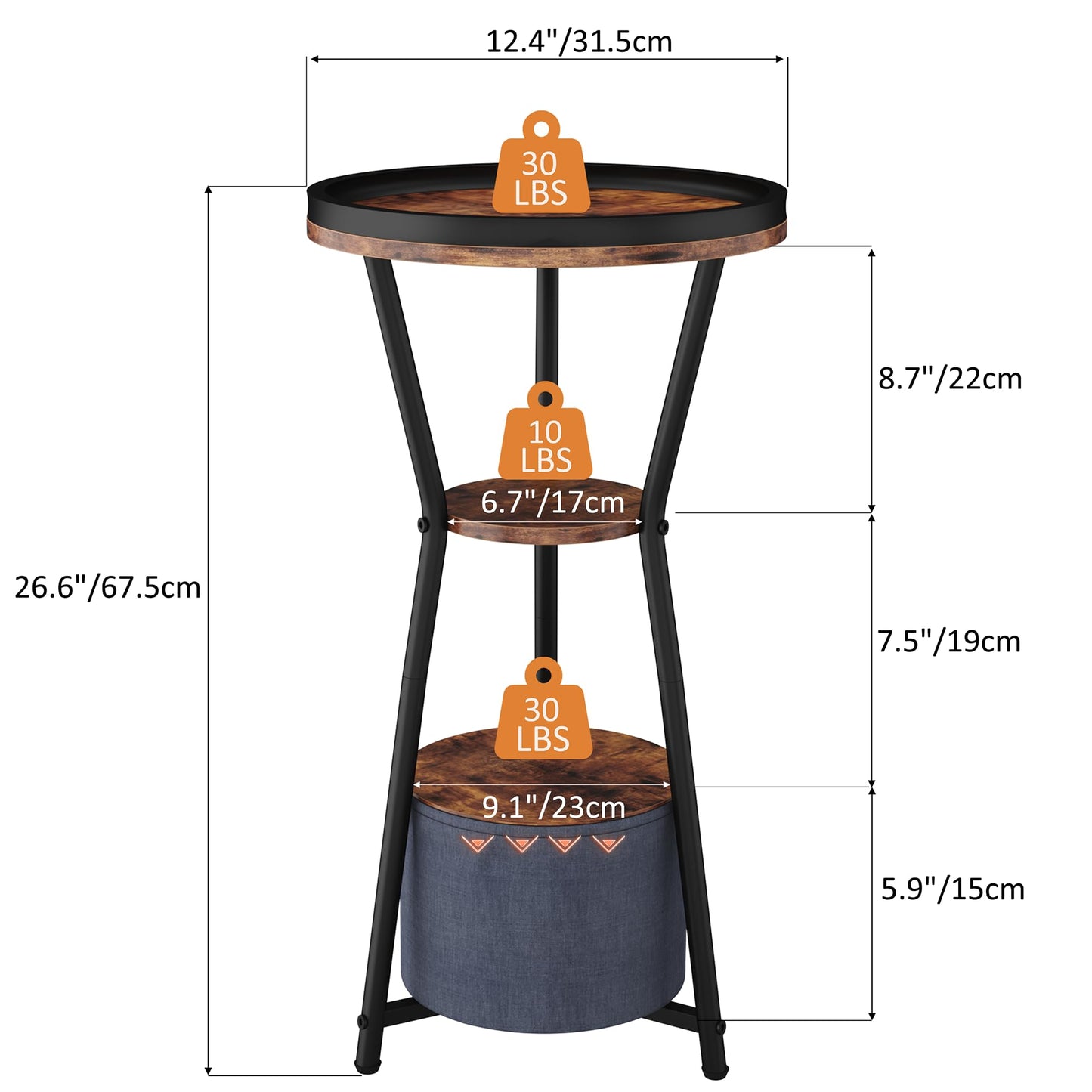 Yusong Round Side Table, Small Drink Table for Small Spaces, 3-Tier Industrial End Table, Accent Nightstand Bedside Table for Living Room, Bedroom, Sofa Couch, Rustic Brown