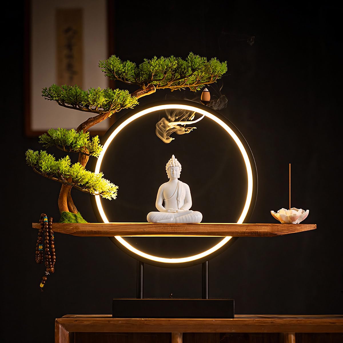 TXYXT Shakyamuni Buddha Ceramic Statue Indoor Backflow Incense Burner with Led Ring Light，Meditation Decoration for Home and Office, Suitable for Cone and Stick Incense