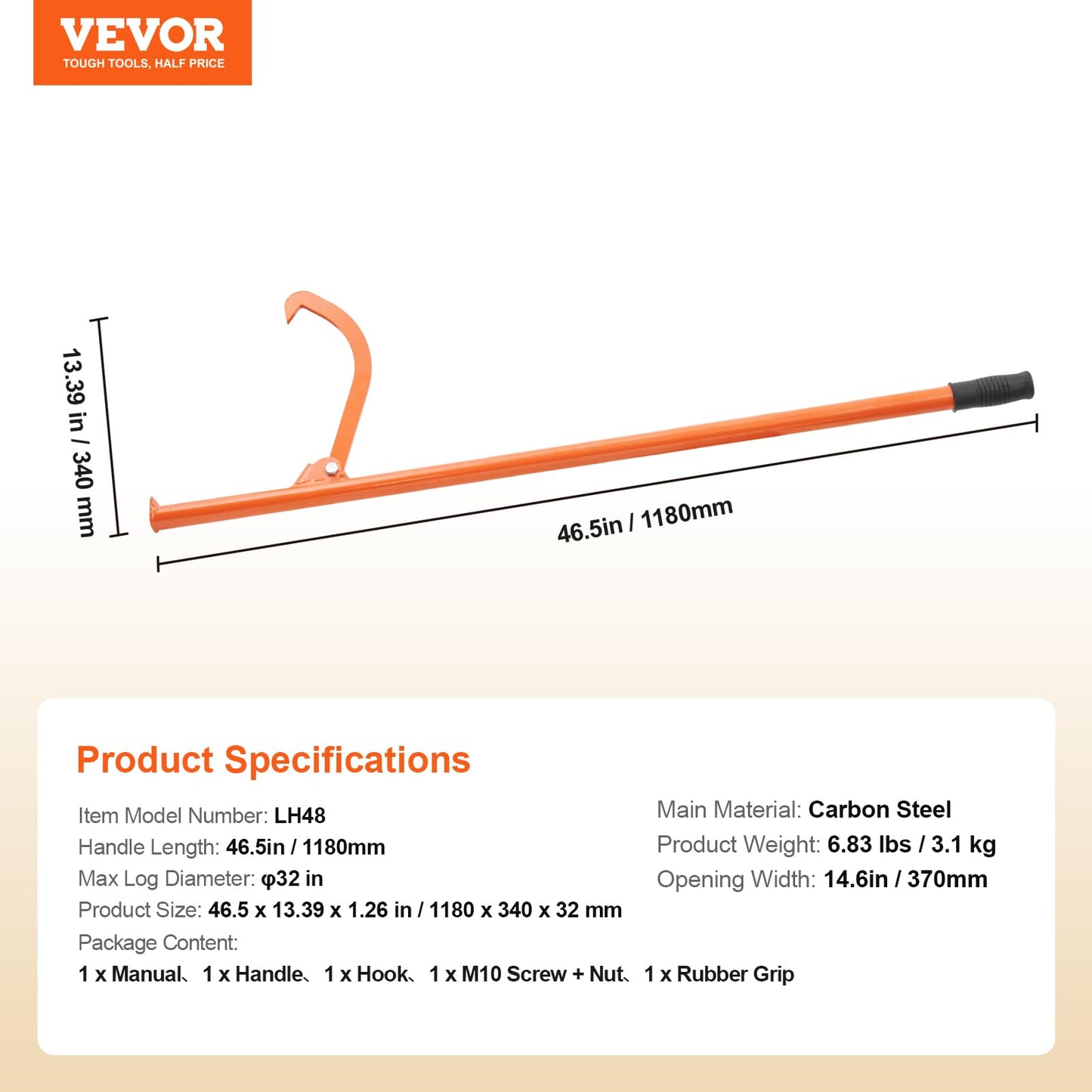 VEVOR 46.5'' Felled Cant Hook Logging Tool, Adjustable Heavy Duty Steel Log Roller, Log Lifter Timber Jack with Rubber Grip, Forestry Logging Tools for Lifting and Handling Logs up to 32" Dia