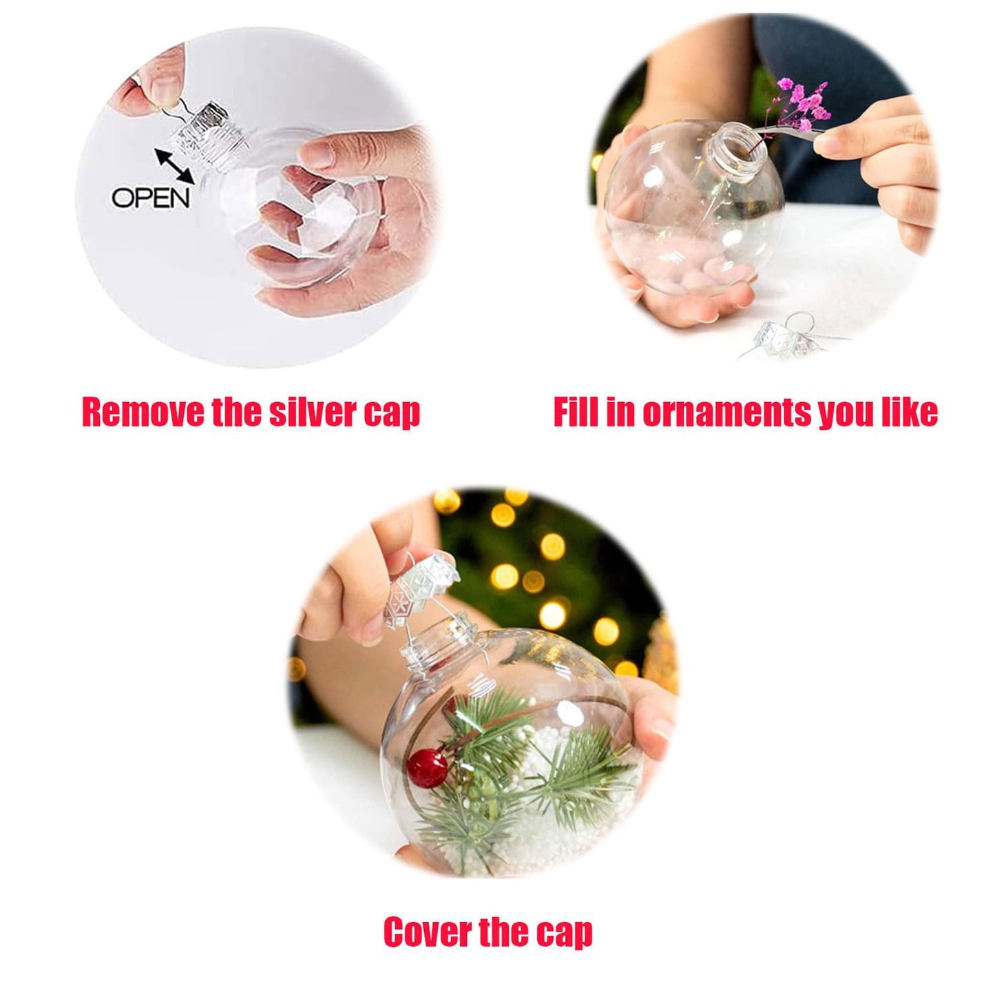 16PCS DIY Christmas Hanging Decoration，2.36Inch Clear Plastic Fillable Ornament Balls， for Christmas, Halloween, Birthday, Wedding Decor, DIY Crafts Decorations (60 mm)