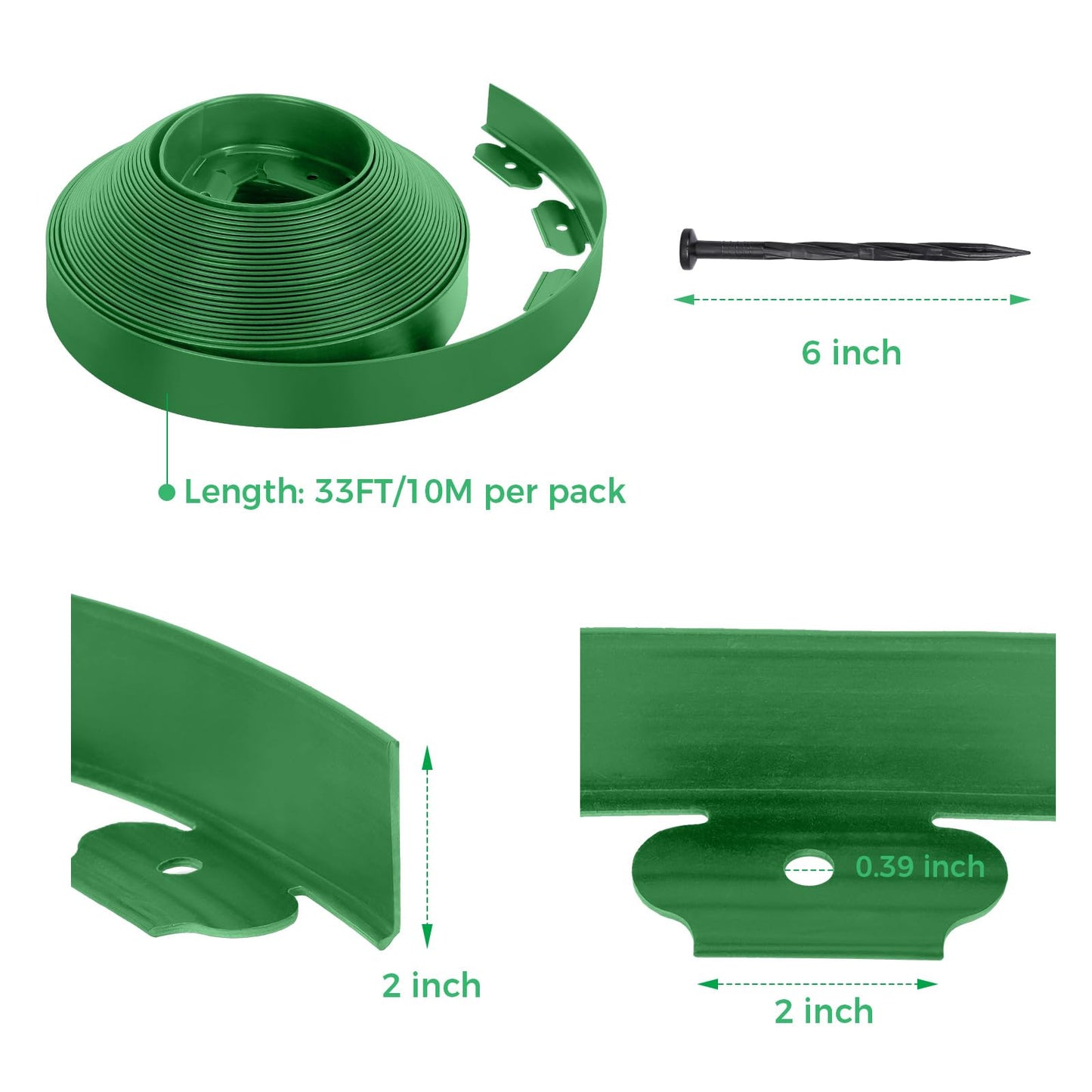 2-Inch x 33 FT Landscape Edging Border with 50 Spikes, Garden Edging Lawn Edging Border Kit, Plastic Edging Border Flexible for Garden Flower Beds Lawn Yard Pathway (Green)