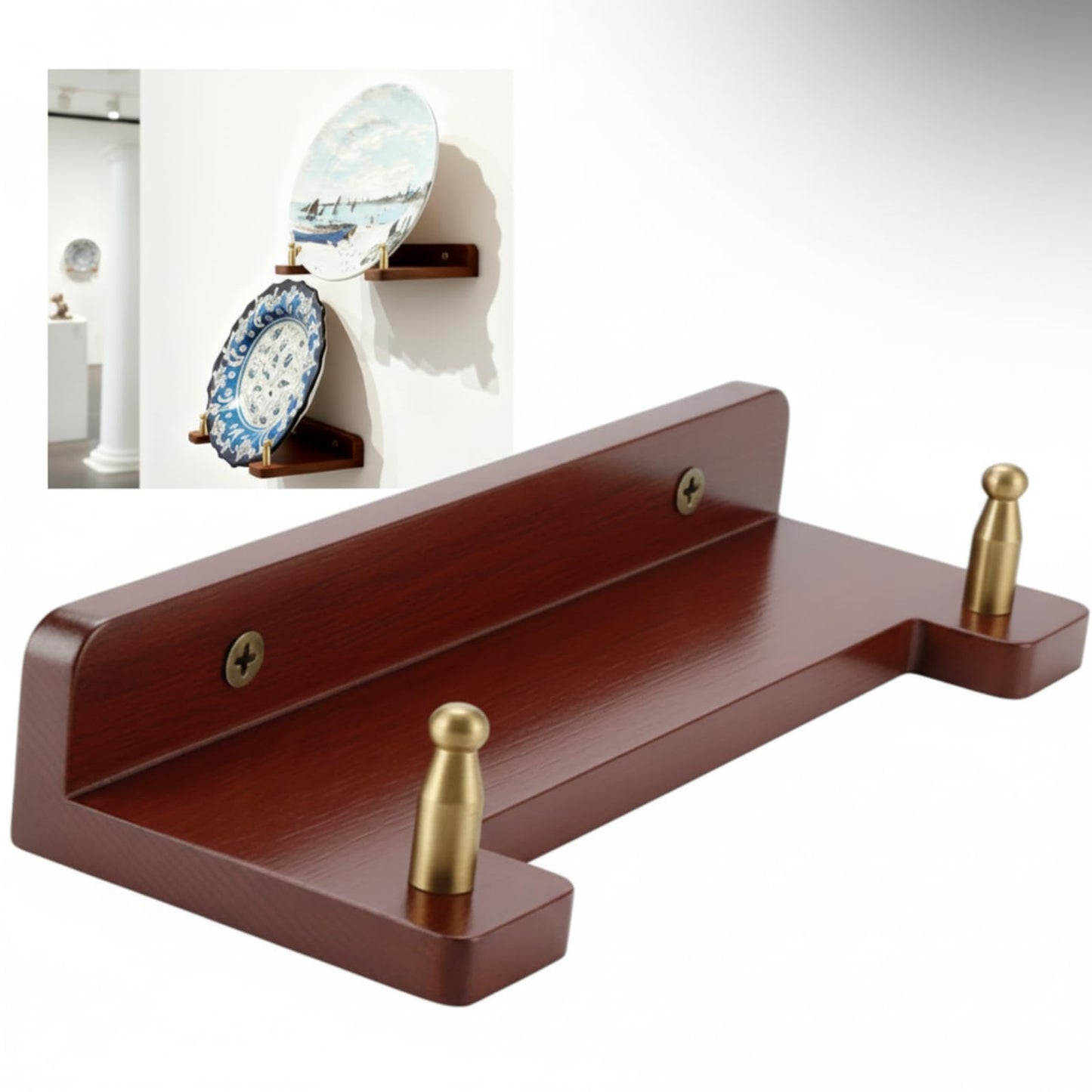 Chunful 1 Piece Wall Plate Hanger for 6-16 Inch Plates, Includes 1 Acacia Wood, 2 Brass Columns & 2 Screws, Decorative Wall Mount Display Holder for Plates, Frames, Certificates, Artwork