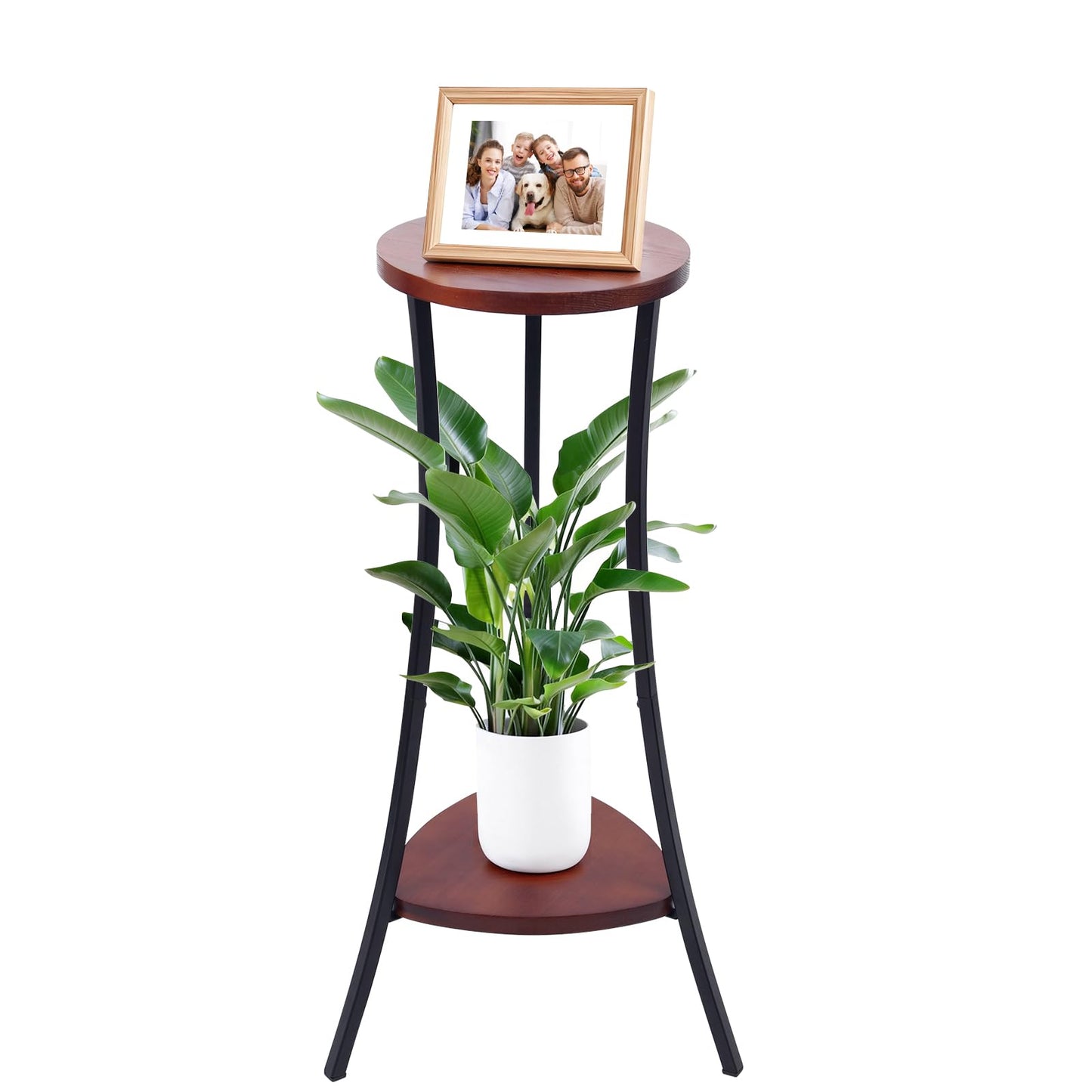 Yedcxup Tall Plant Stand Indoor, 2-Tier Wooden Corner Plant Shelf with Walnut Panel & Black Metal Frame, Easy Assembly No Misalignment, Waterproof for Indoor/Outdoor Use in Living Room, Balcony, Patio