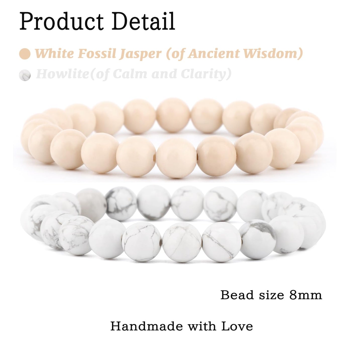 NCB 2-Piece 8mm Natural Crystal Gemstone Stretch Bracelets – ﻿Howlite, White Fossil Jasper Handmade Reiki Energy Healing Jewelry for Meditation,Yoga, Unisex