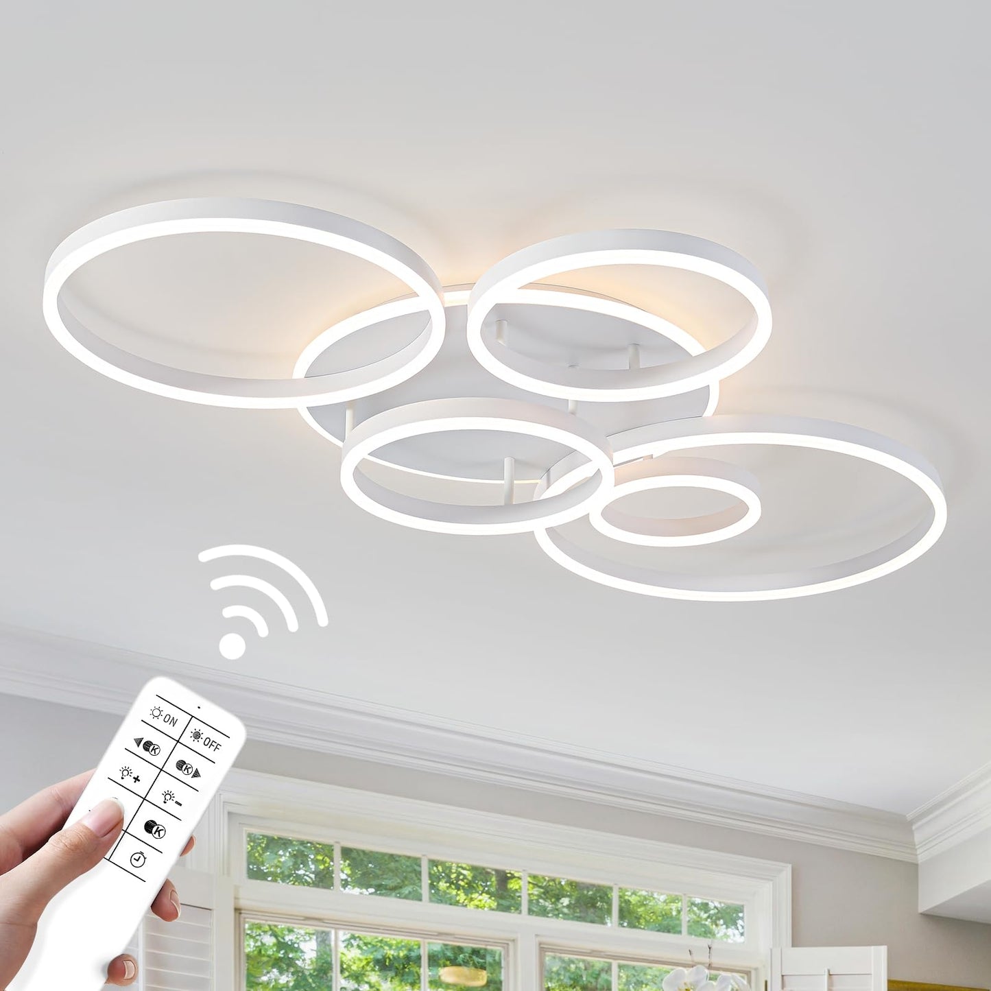O'NEELDY Modern LED Ceiling Light White Flush Mount Ceiling Lights Fixtures Dimmable 47" Dining Room Light Fixture with Remote 6 Rings Kitchen Lighting Fixtures Ceiling Lamp for Bedroom,Living Room
