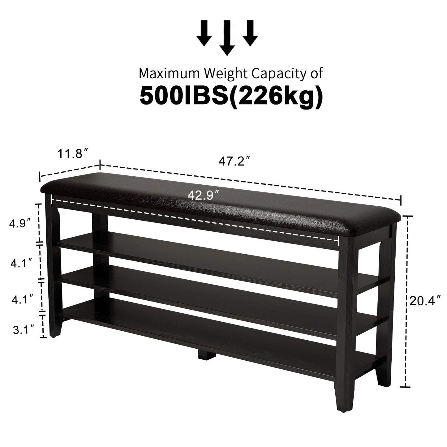 AQIMUELE Shoe Bench with Leather Cushion, 3 Tiers Shoe Storage Bench Height Adjustable, Walnut Wood Entryway Bench for Hallway, Mudroom