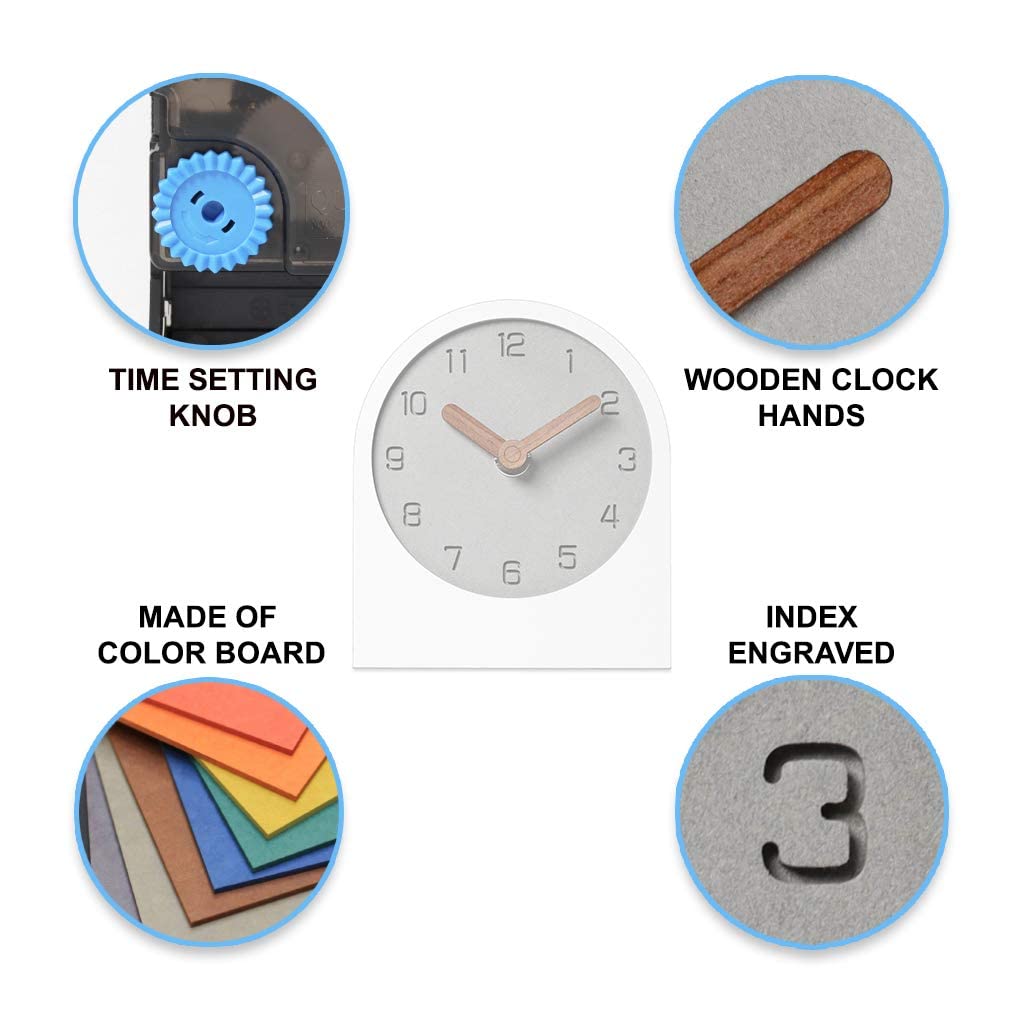 mooqs Wooden Silent Non-Ticking Battery Operated Decorative Small Mini Analog Modern Shelf Desk Table Mantel Clock for Home, Office, Living Room, Bed Room (White)