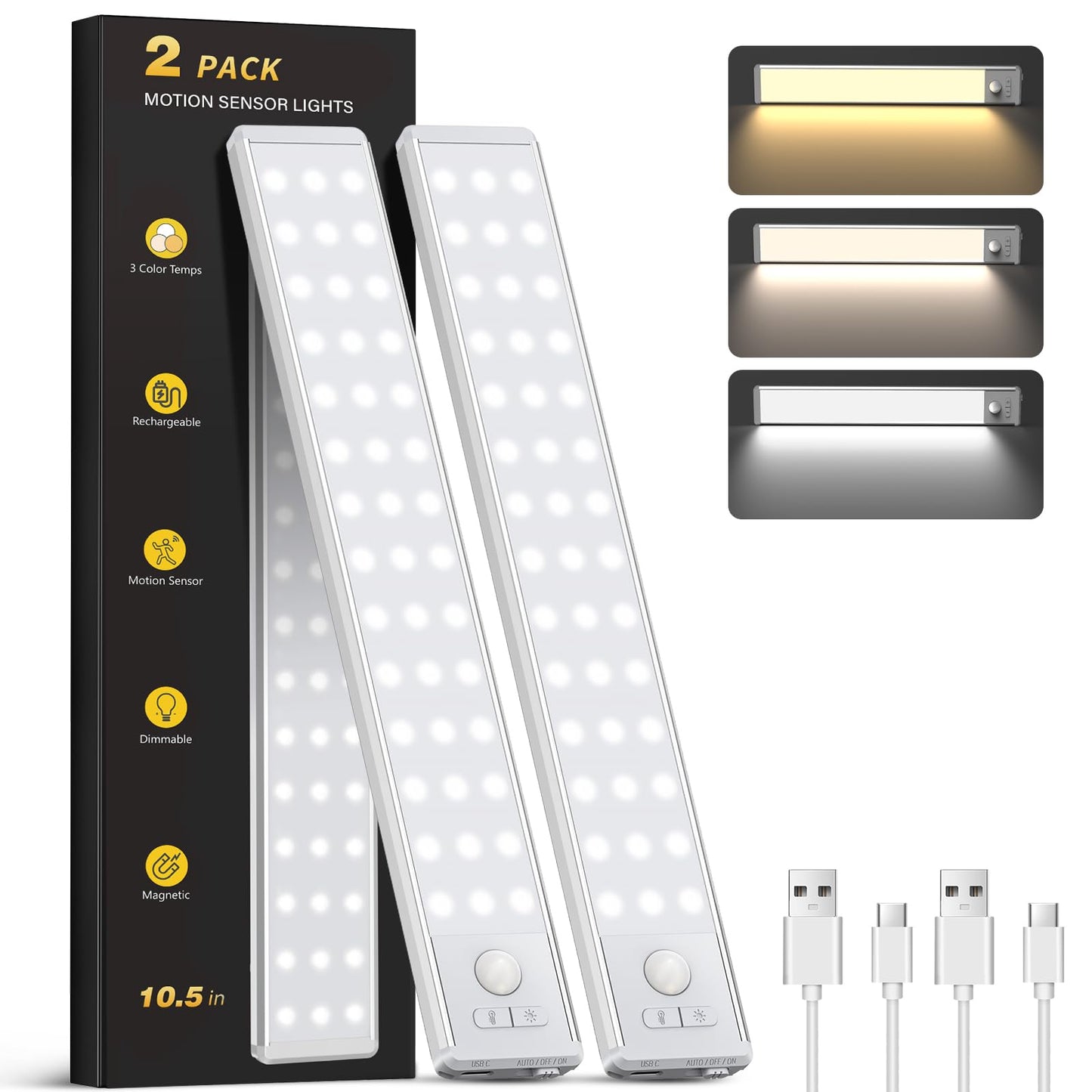 10.5" Under Cabinet Lighting, Wireless Motion Sensor Light Indoor with 3 Color Temps, Magnetic Closet Light, Dimmable Led Light, Rechargeable Under Counter Lights for Kitchen, Bedroom, Stair, 2 Pack