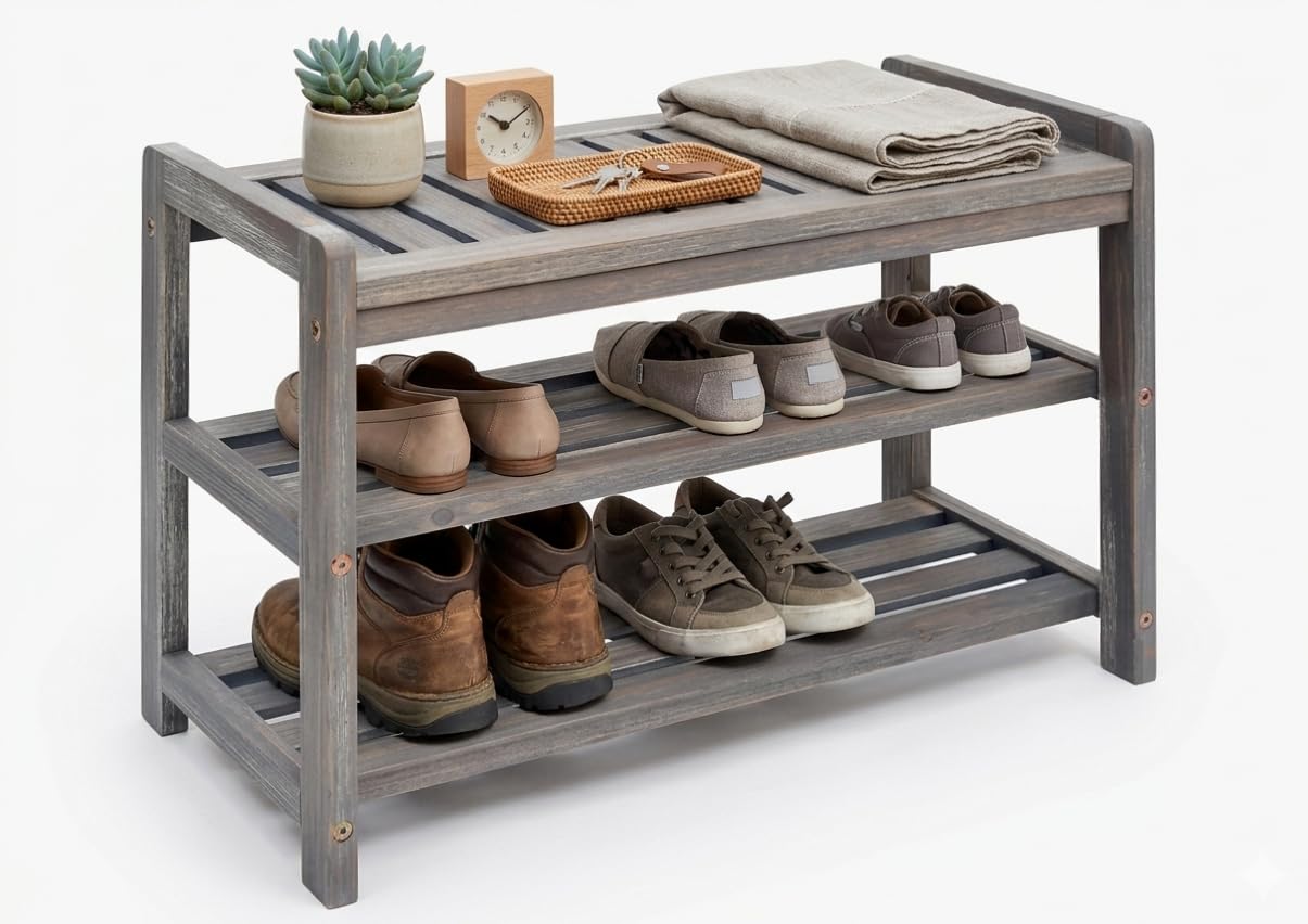 APPAFUN 27-Inch Wooden Shoe Bench for Entryway, 3-Tier Storage Organizer, Rustic Shoe Rack Bench for Narrow Spaces, Brush Grey