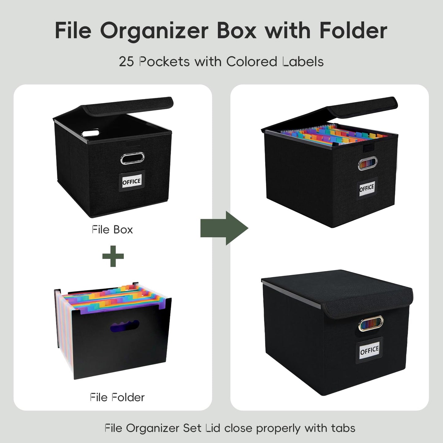Fuonsyn File Organizer Box with Folder, Accordion File Organizer 25 Pockets, File Folder Organizer with Lid for Home, Office, School, Black